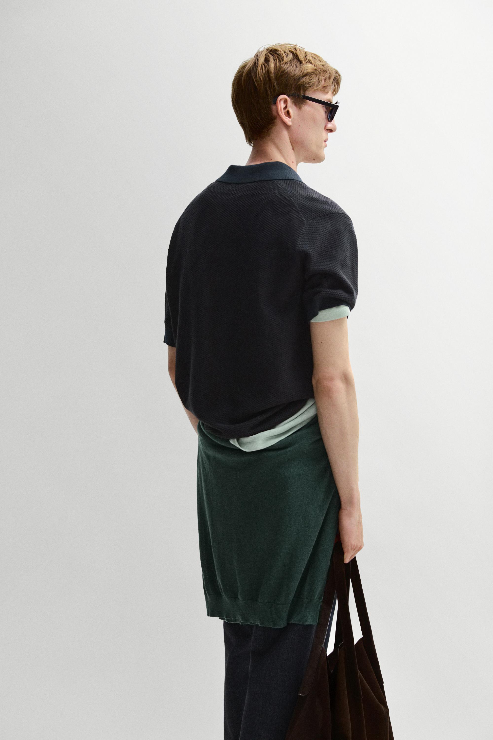 100% cotton textured knit polo sweater — NAVY BLUE
