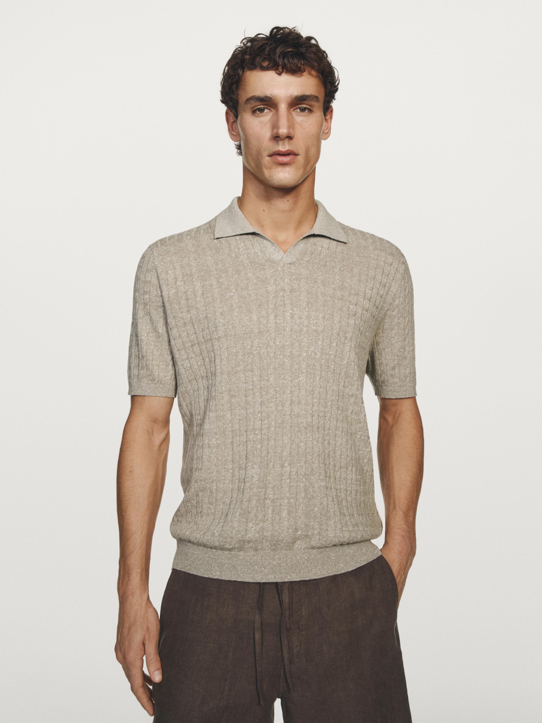 Cotton and linen cable-knit polo sweater