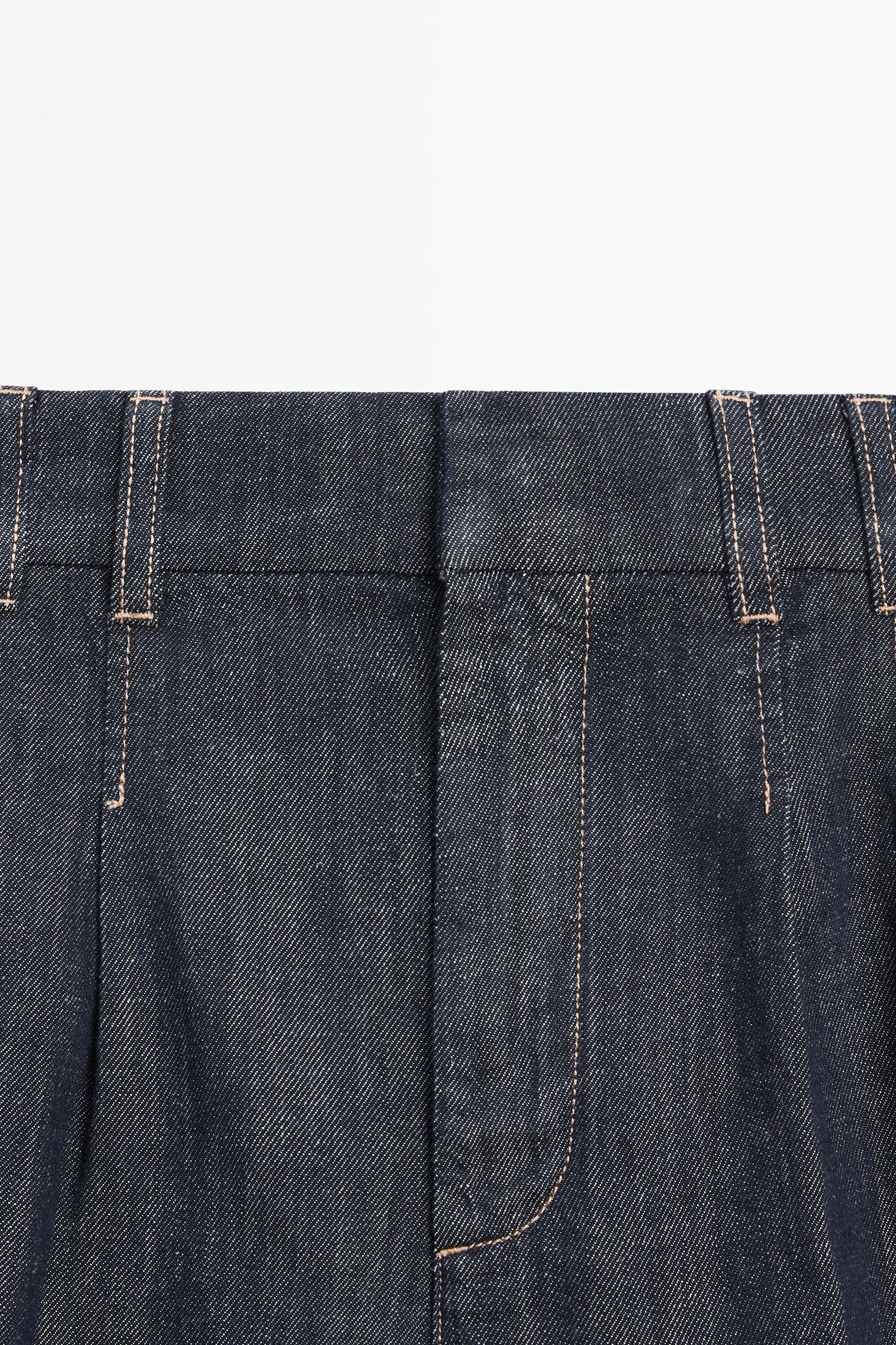 Cotton denim Bermuda shorts with topstitching — DARK BLUE