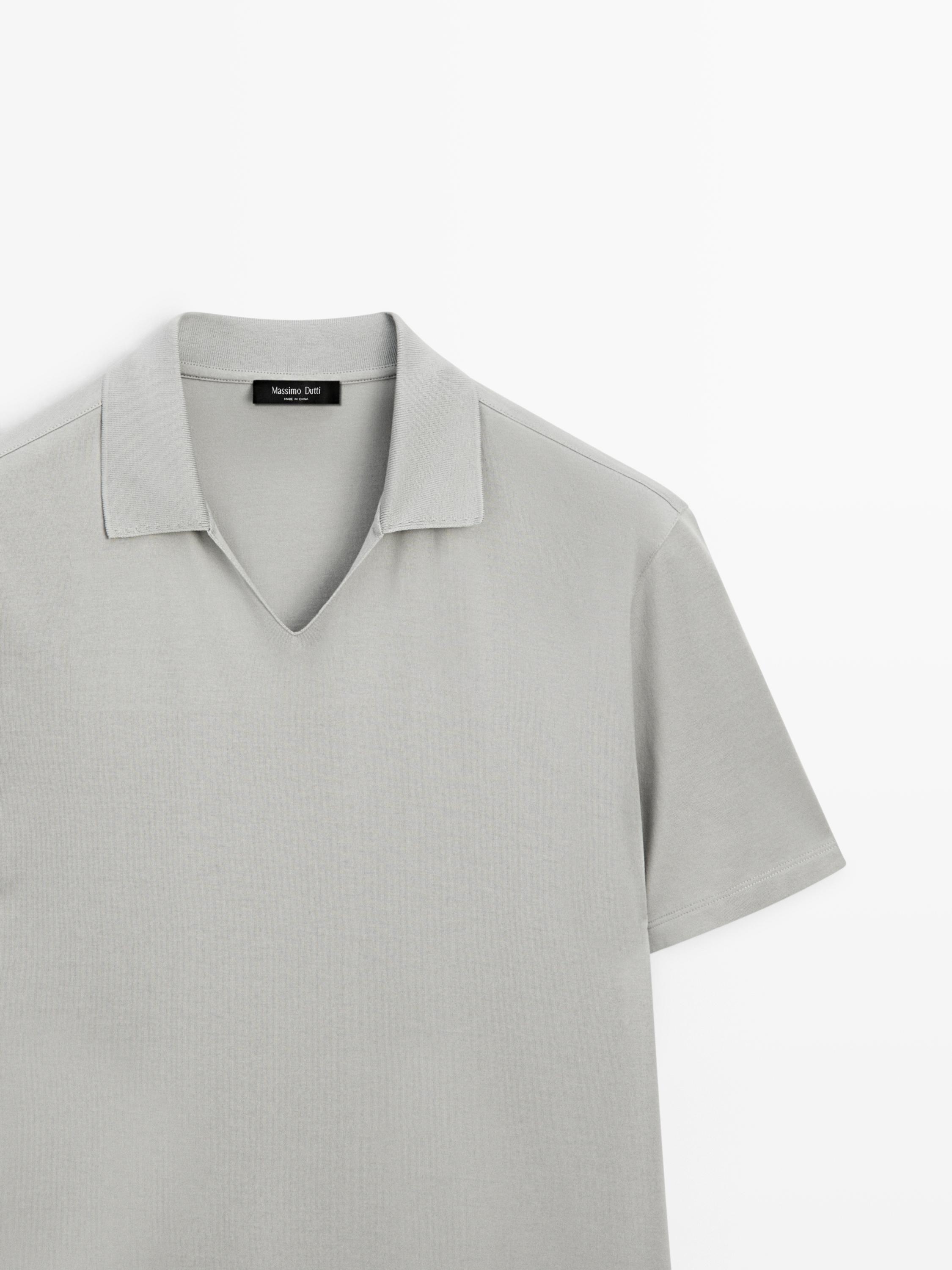 "Polo gris izotz-koloreko plano ertaina, mahuka motzekoa, V-formako lepoa eta papar-hegalak dituela."