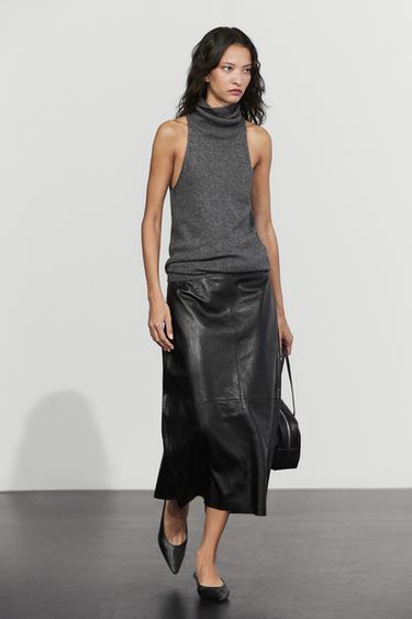 Midi balloon  skirt with Nappa leather seams — BLACK 8
