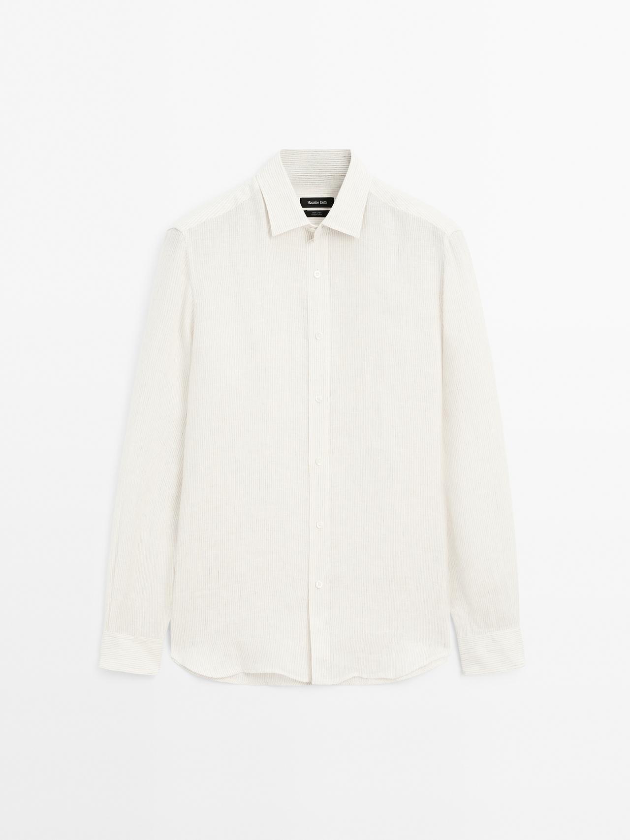 Massimo Dutti - Herre - Stribet, Regular Fit Skjorte I Hør - Hvid - S
