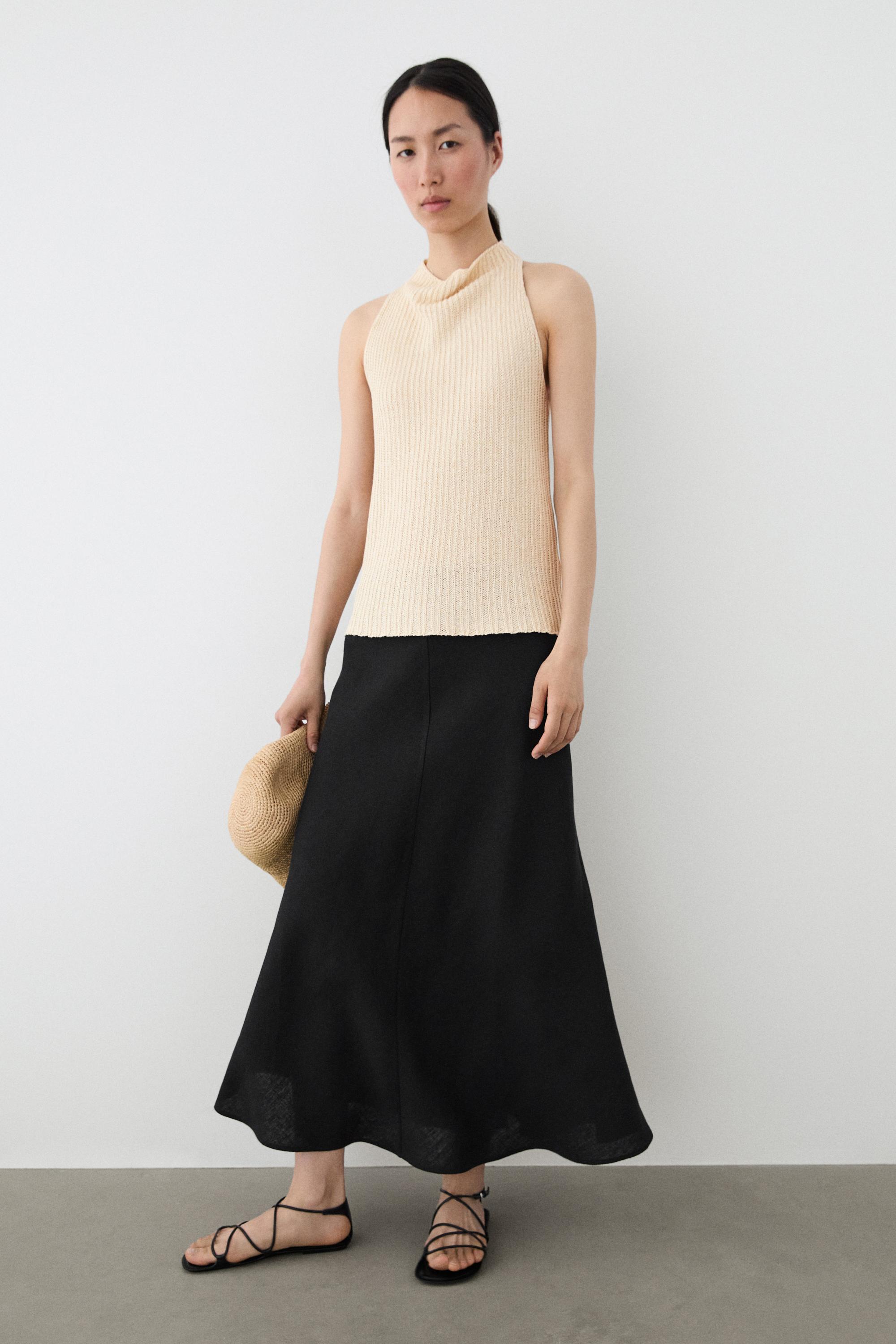 Straight linen midi skirt — BLACK