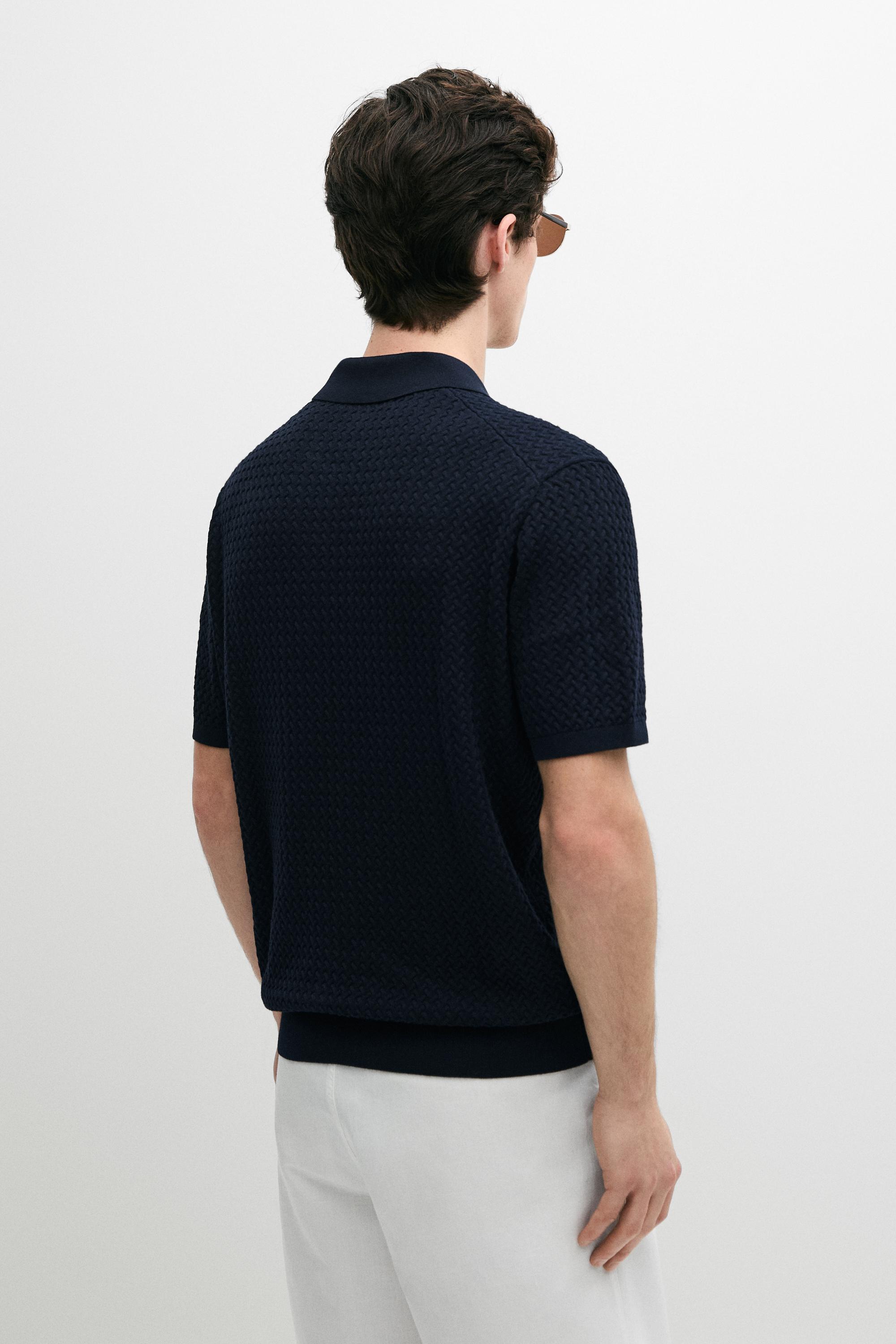 Cable-knit V-neck polo shirt — NAVY BLUE