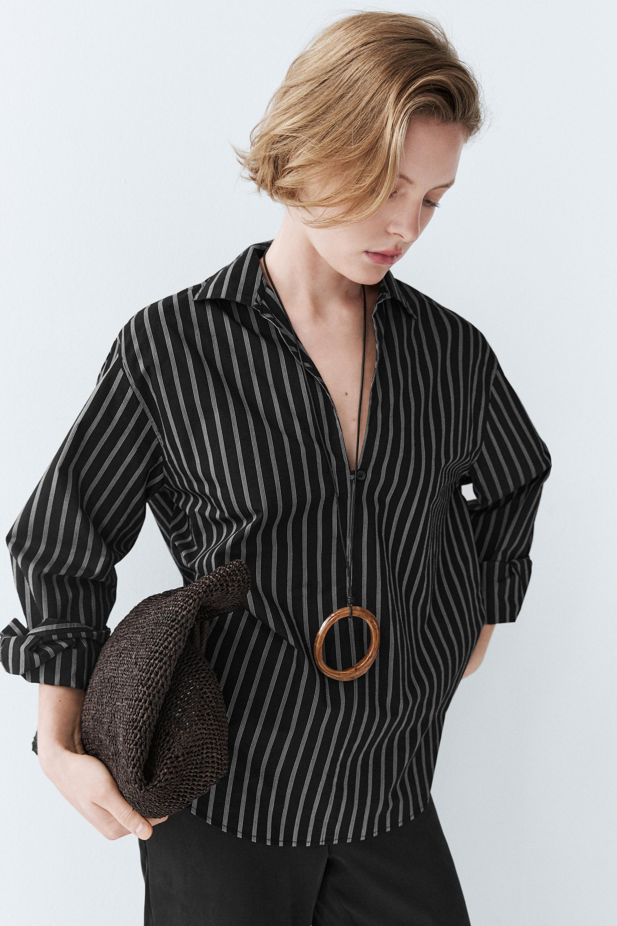 Striped cotton blend shirt — BLACK