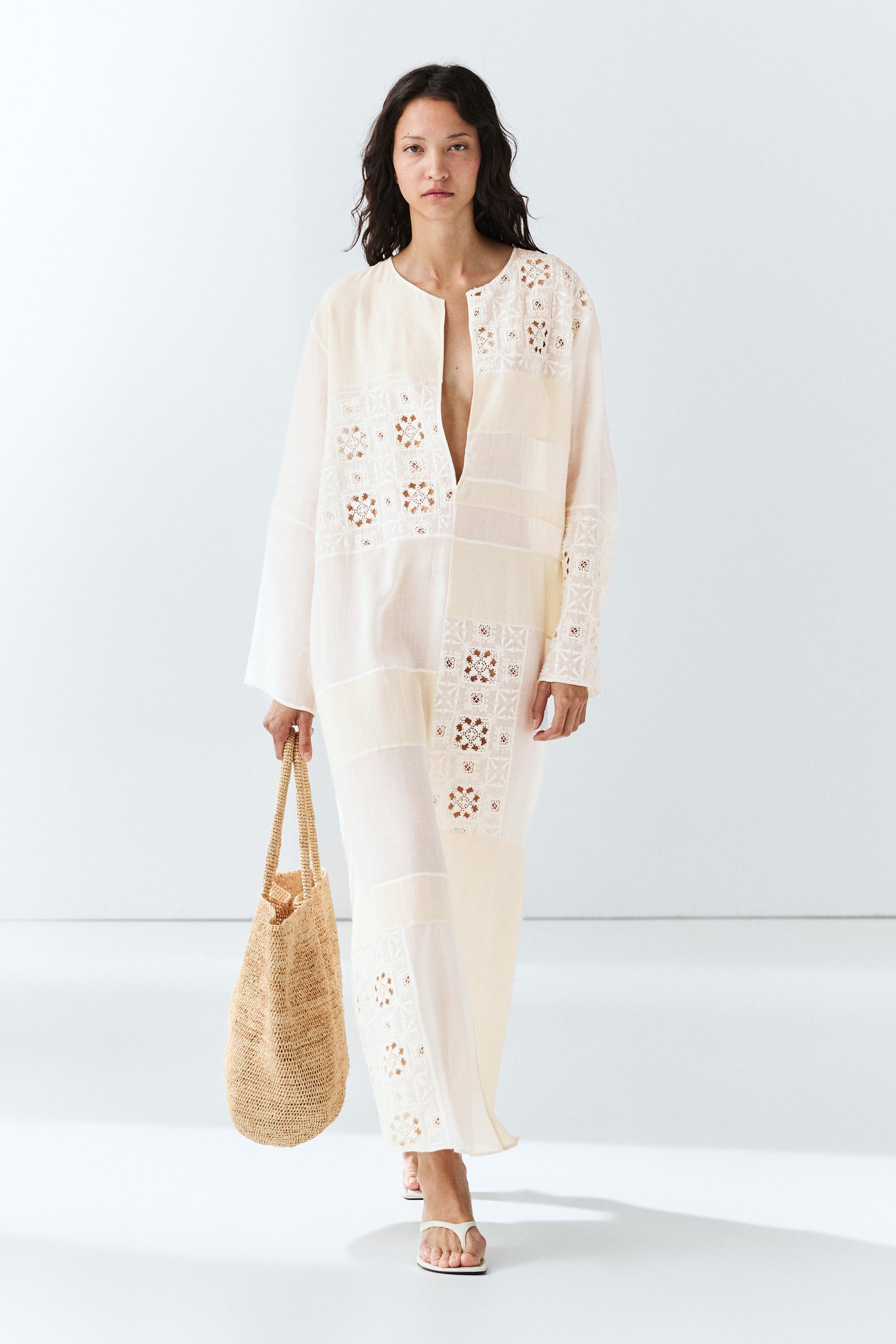 Abito Caftano Fluido Con Ricami - Bianco - S - Massimo Dutti - Femminile