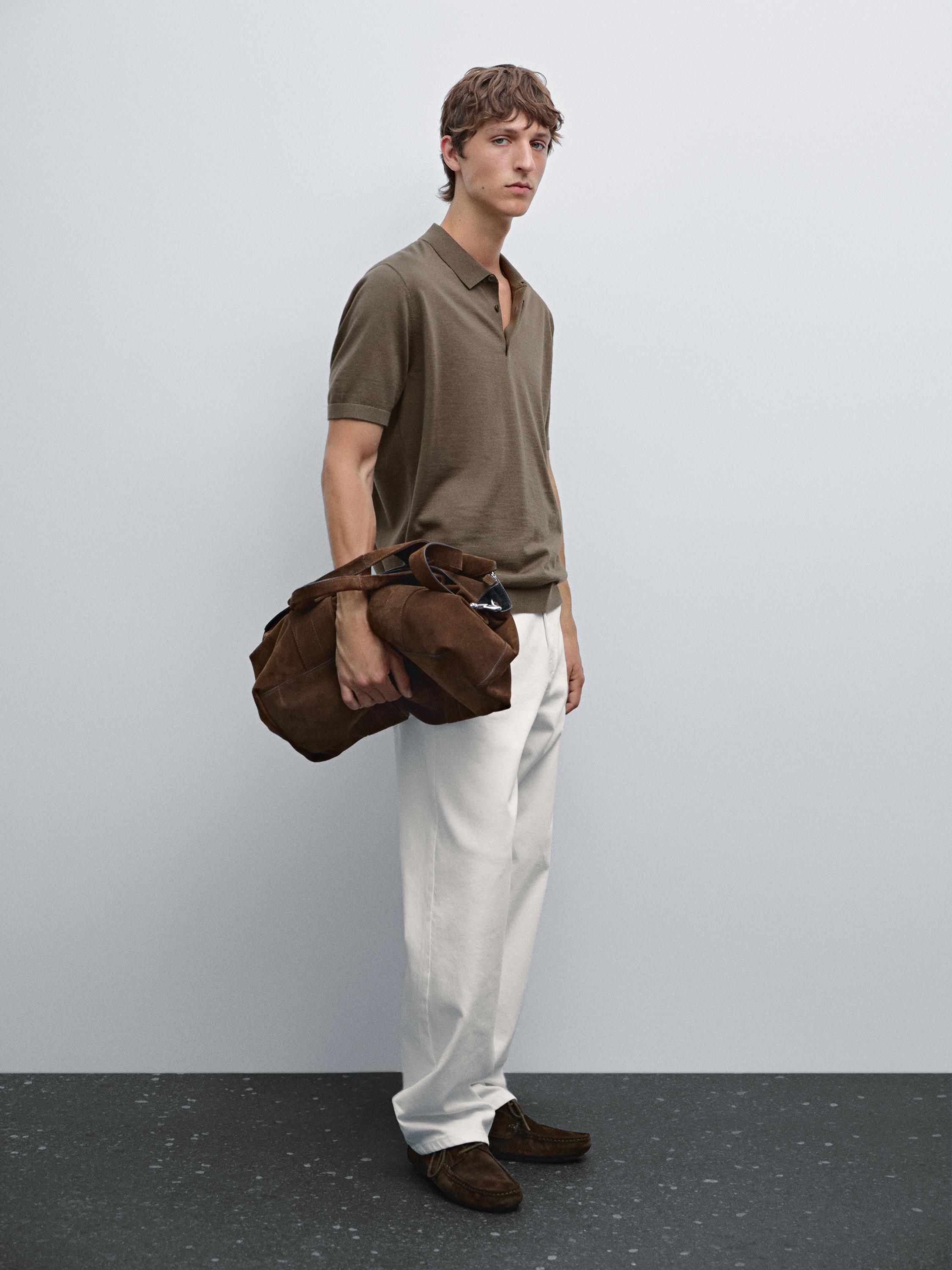 Short-sleeved wool-blend knit polo shirt