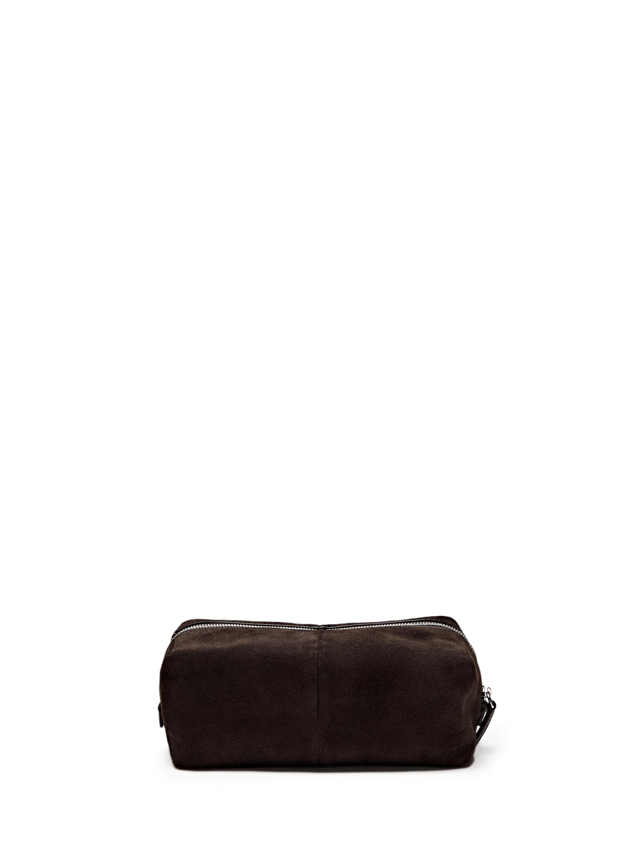 Suede leather toiletry bag with zip — BROWN
