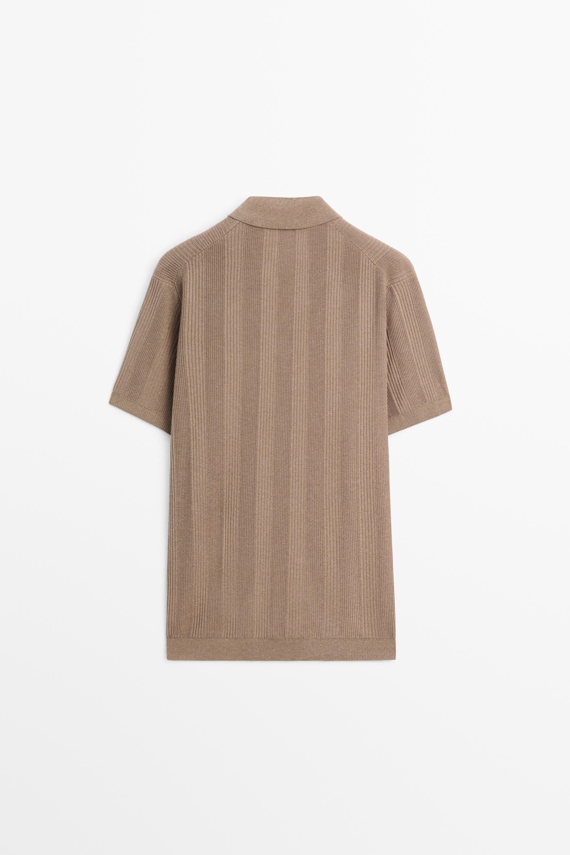 100% cotton textured striped knit polo shirt — PALE KHAKI