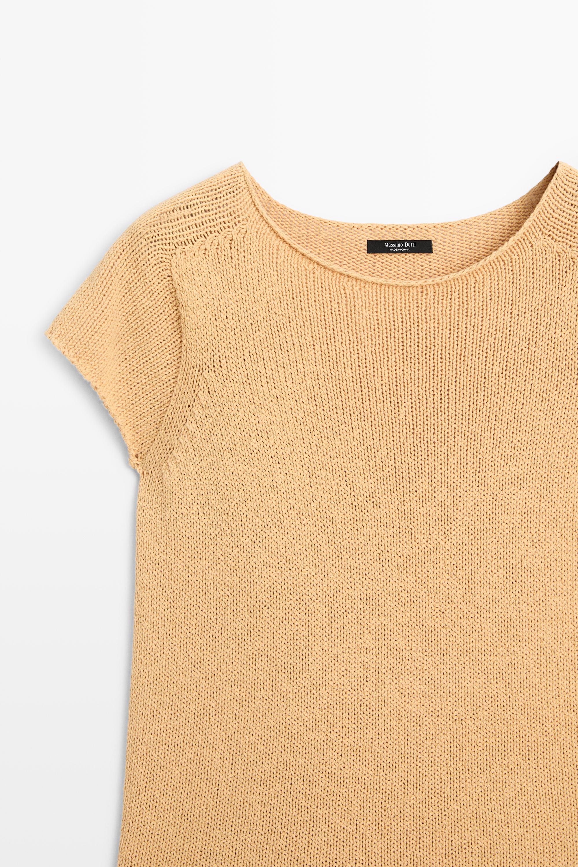 Cotton blend short sleeve knit sweater — CORN YELLOW
