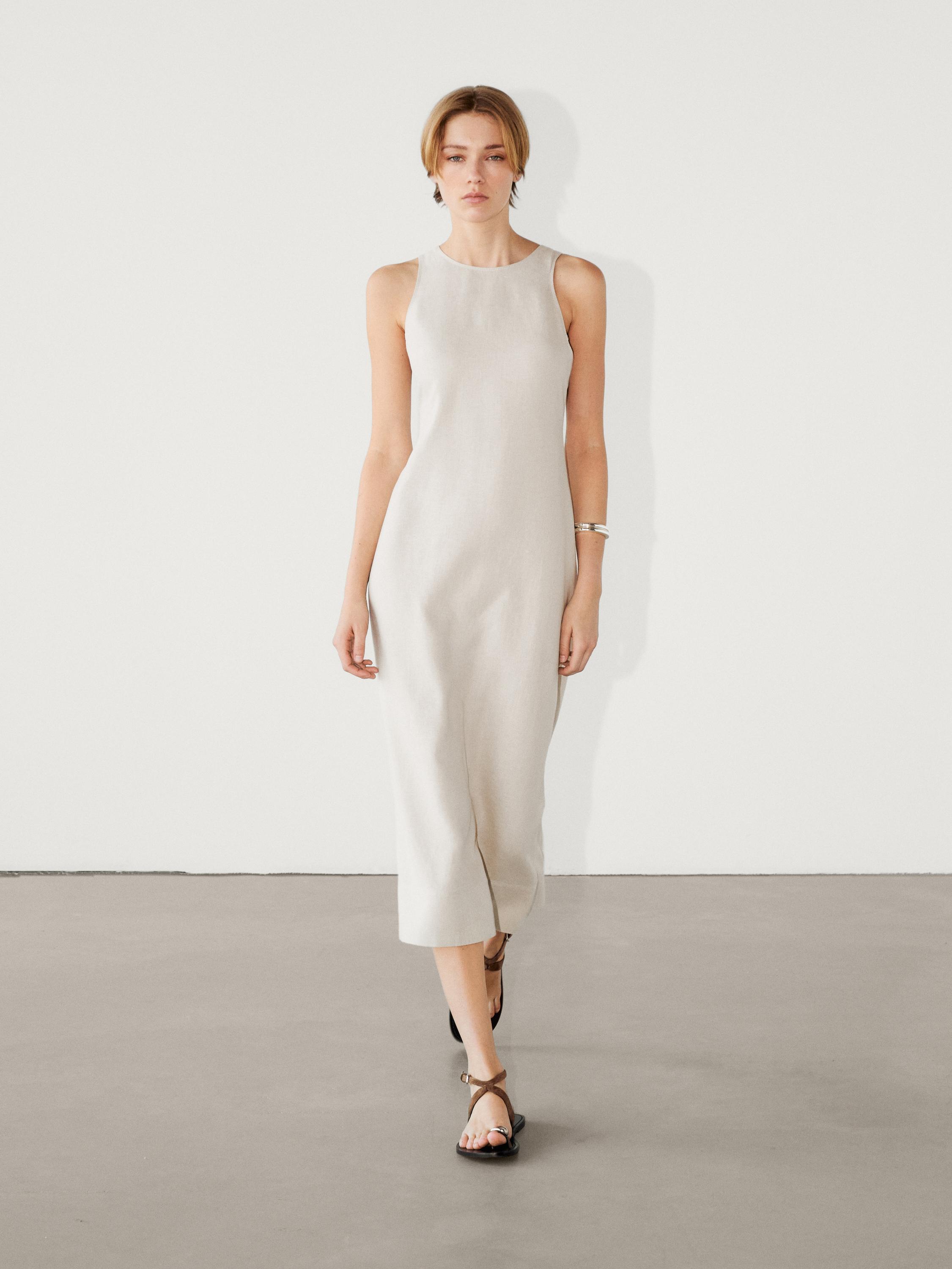 100% linen crew neck midi dress