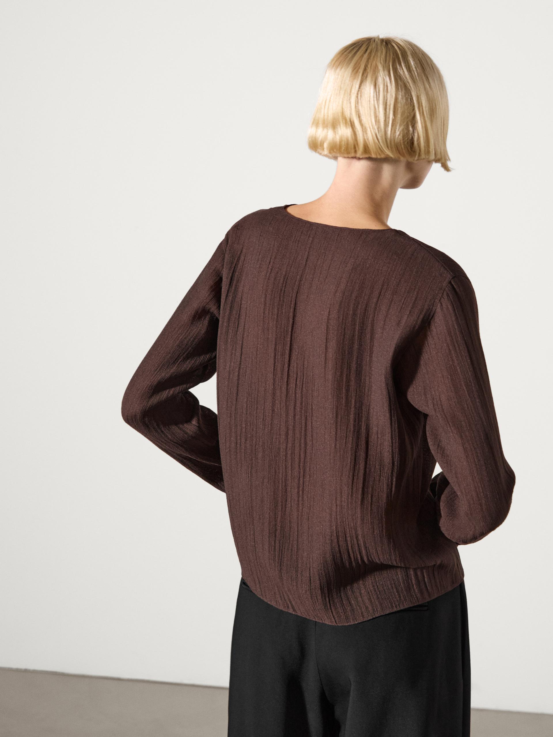 Koszula Z Dekoltem W Serek I Falbaną - Brązowy - M - Massimo Dutti - Kobieta