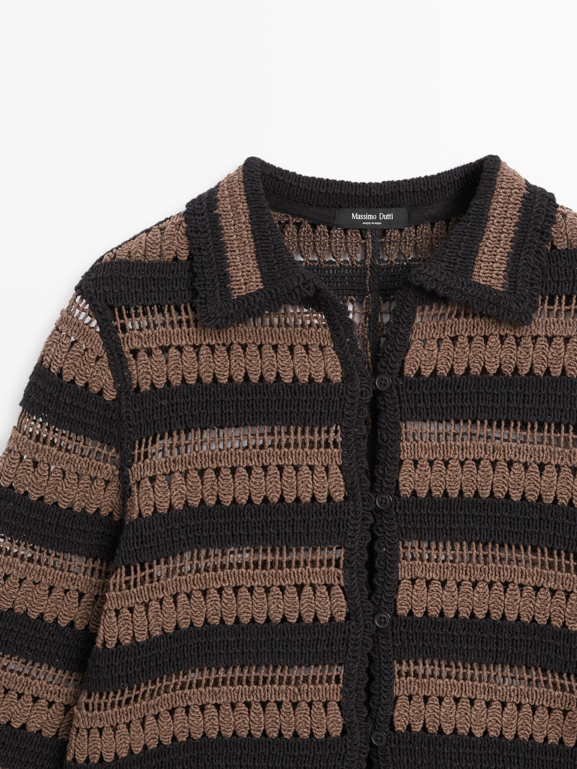Short striped crochet knit cardigan — BROWN