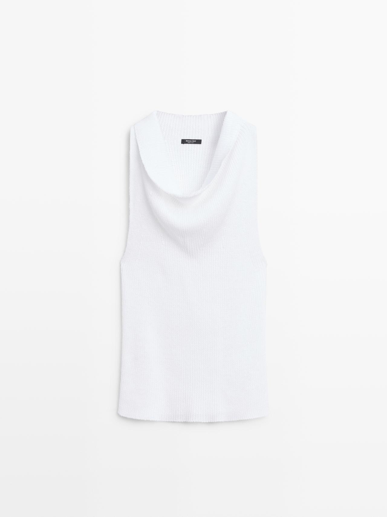 Massimo Dutti - Dame - Top I Bomuld Med Draperet Udskæring - Hvid - M