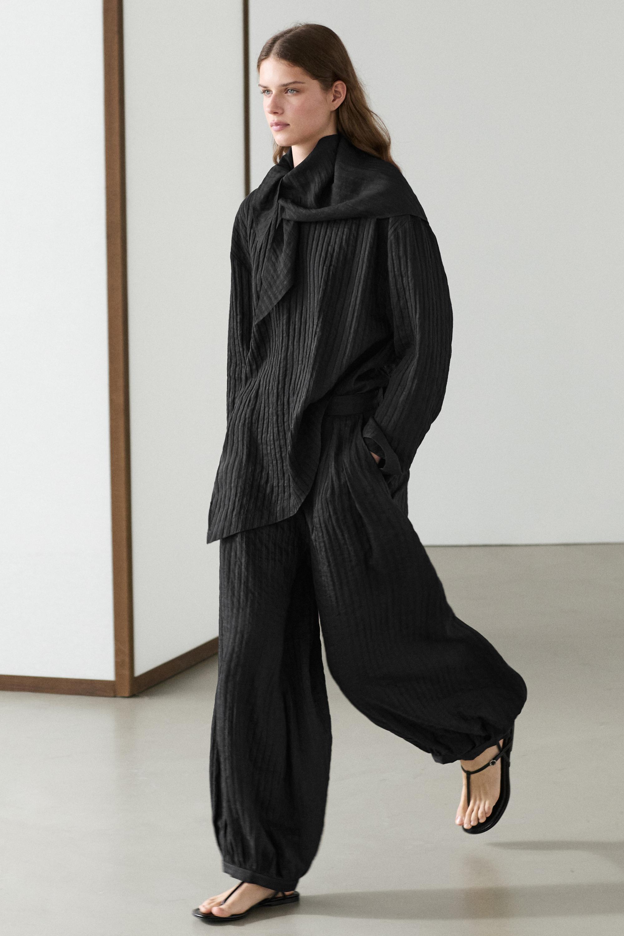 Flowing linen-blend drop crotch pants — BLACK