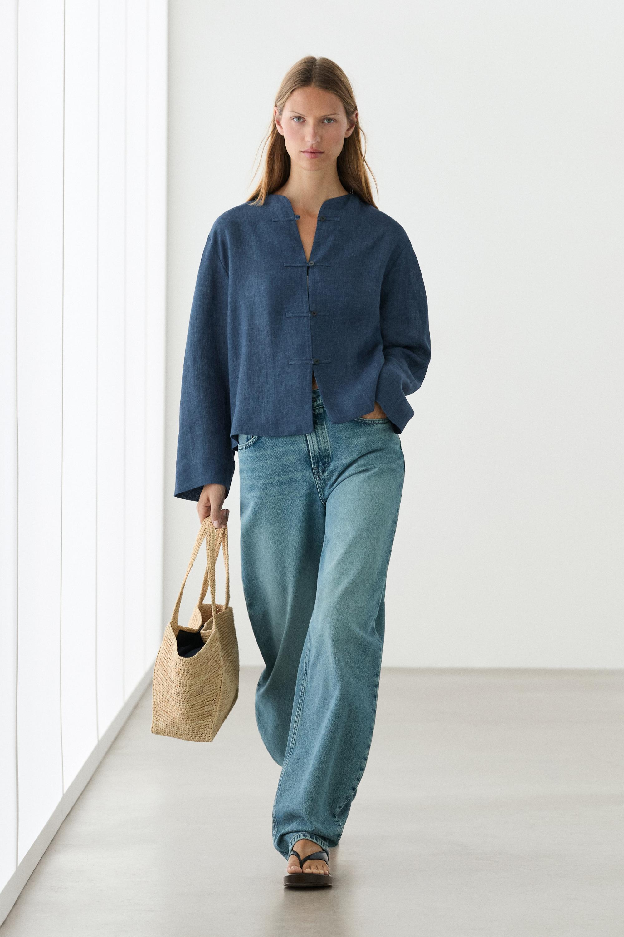 100% linen overshirt with toggle details — BLUE