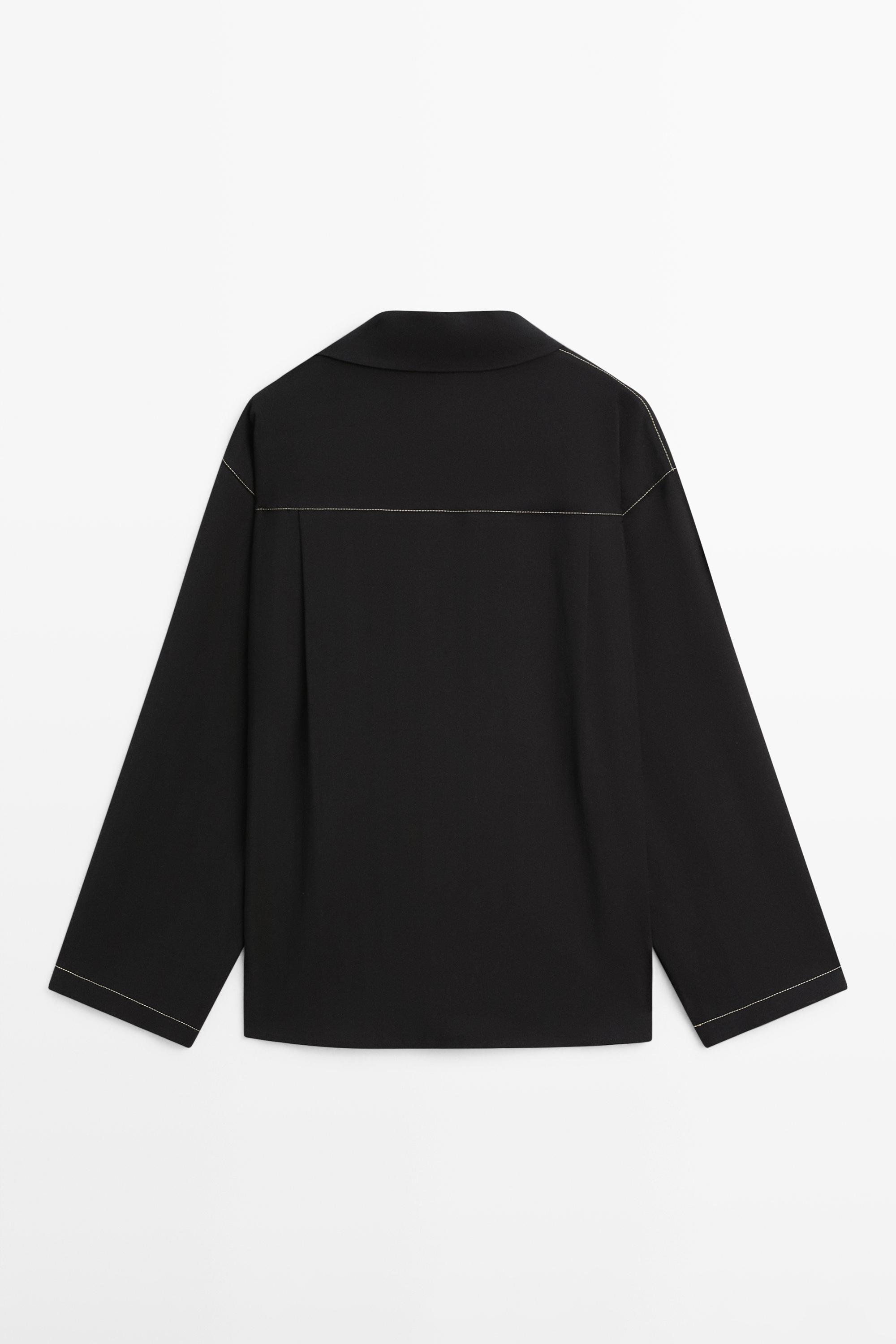 Flowing wool blend overshirt with pocket detail — BLACK