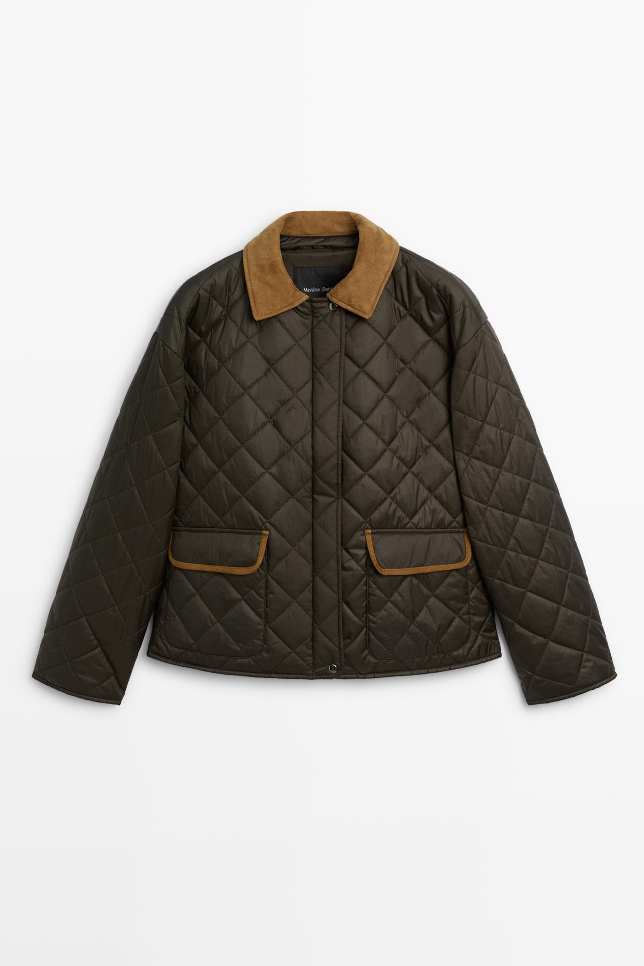 Padded short jacket with leather combination — DEEP BLUE