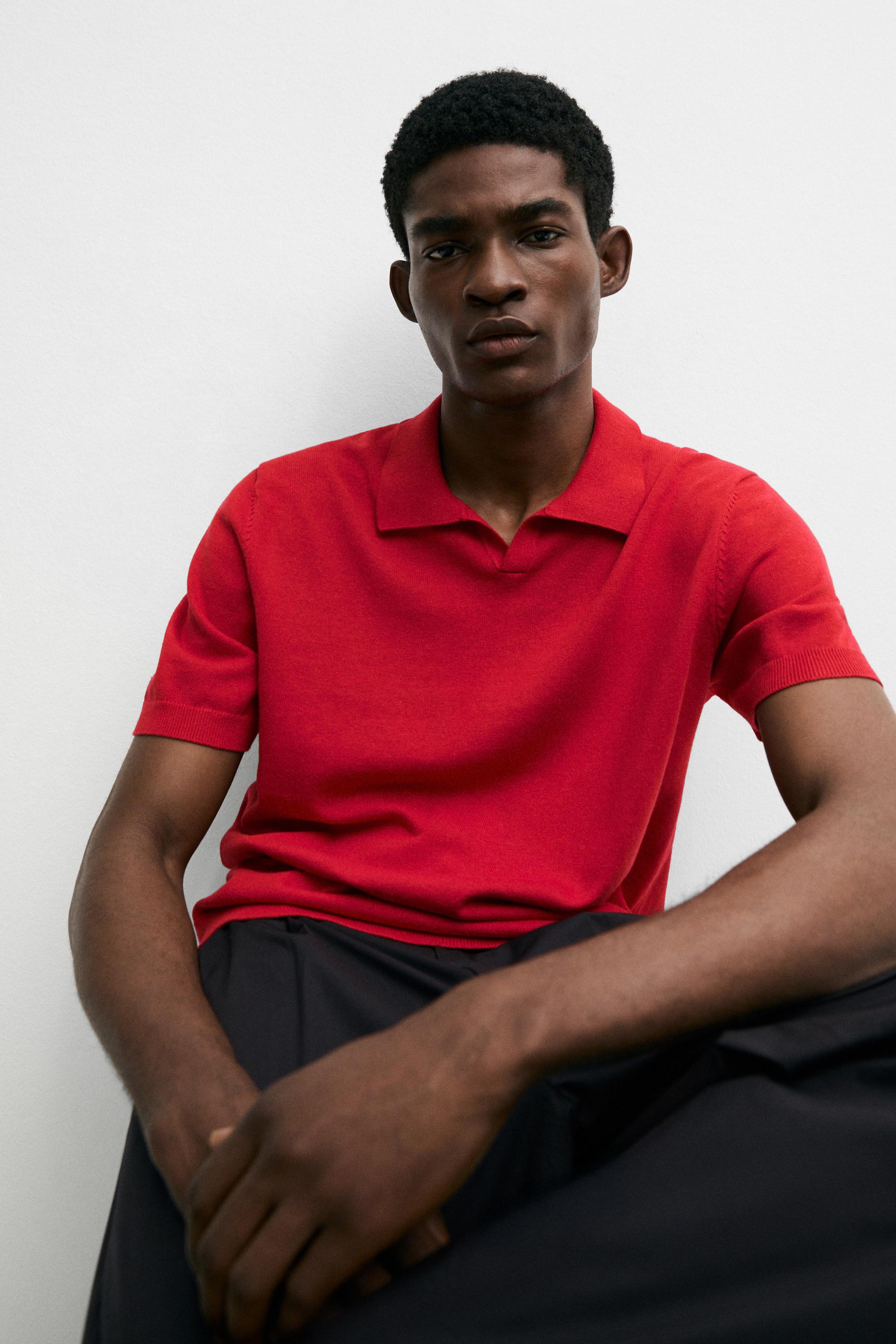 Cotton blend V-neck polo shirt — RED