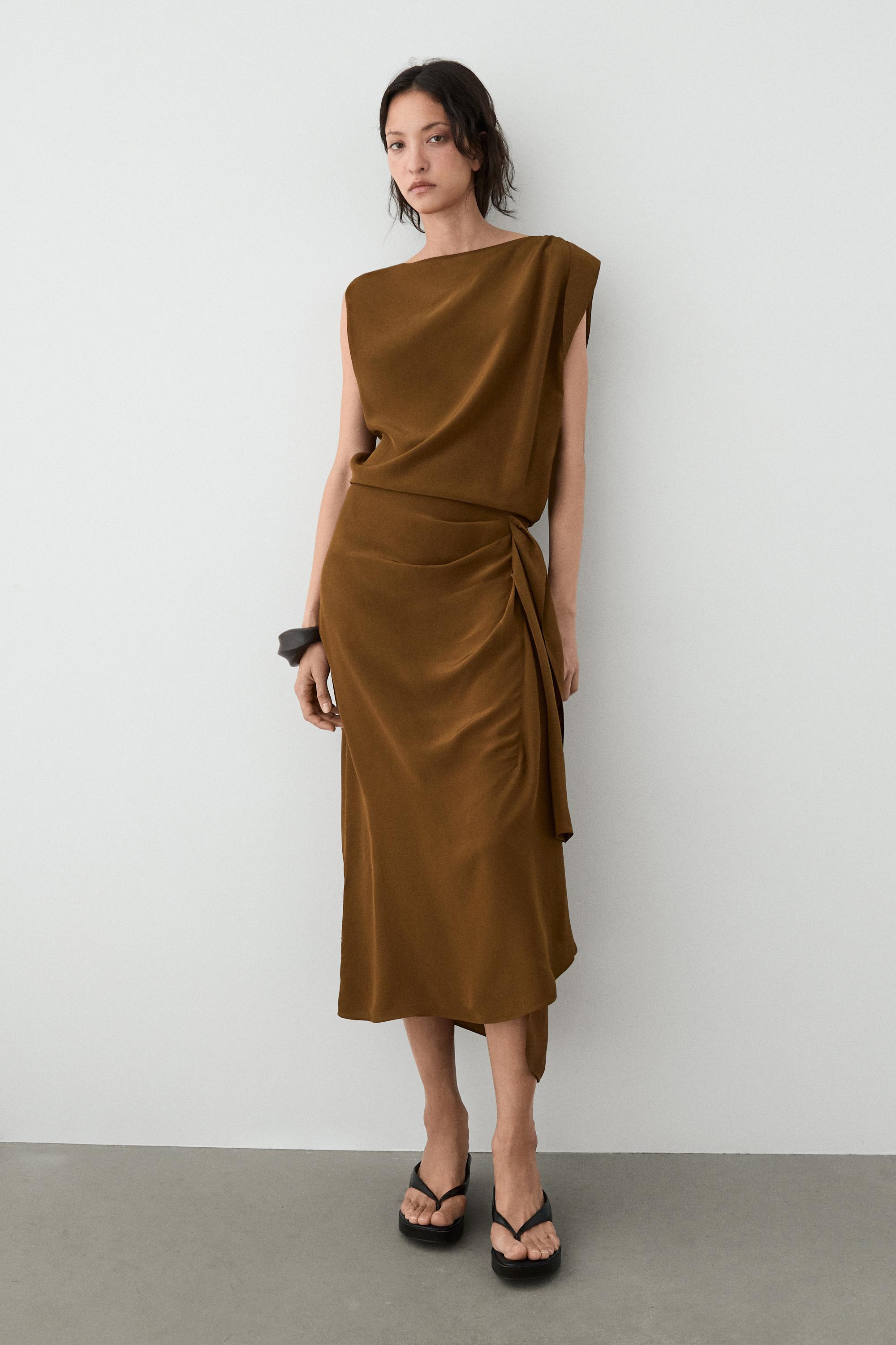 Flowing midi dress with draped detail — GOLDEN