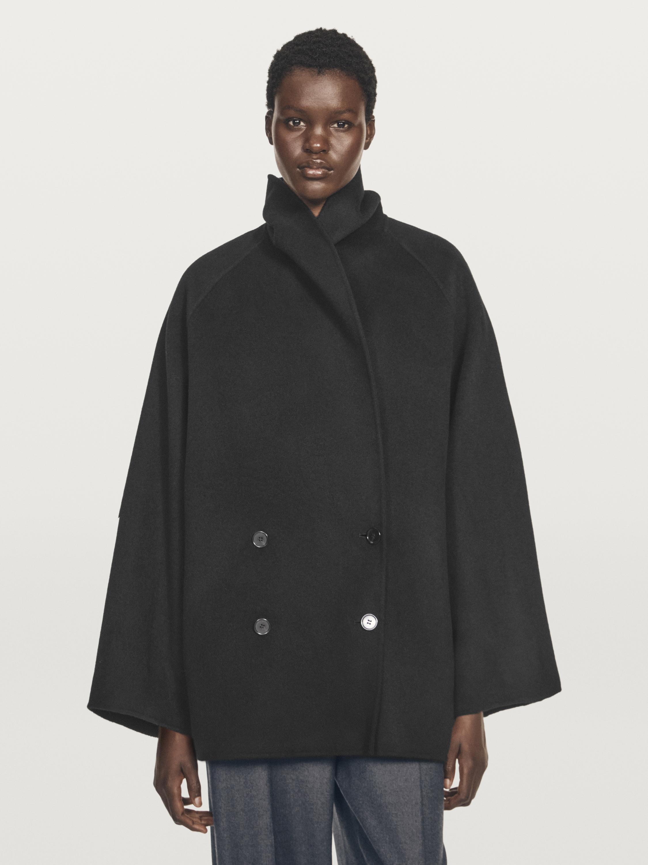 Wool blend mid-length coat with lapel collar