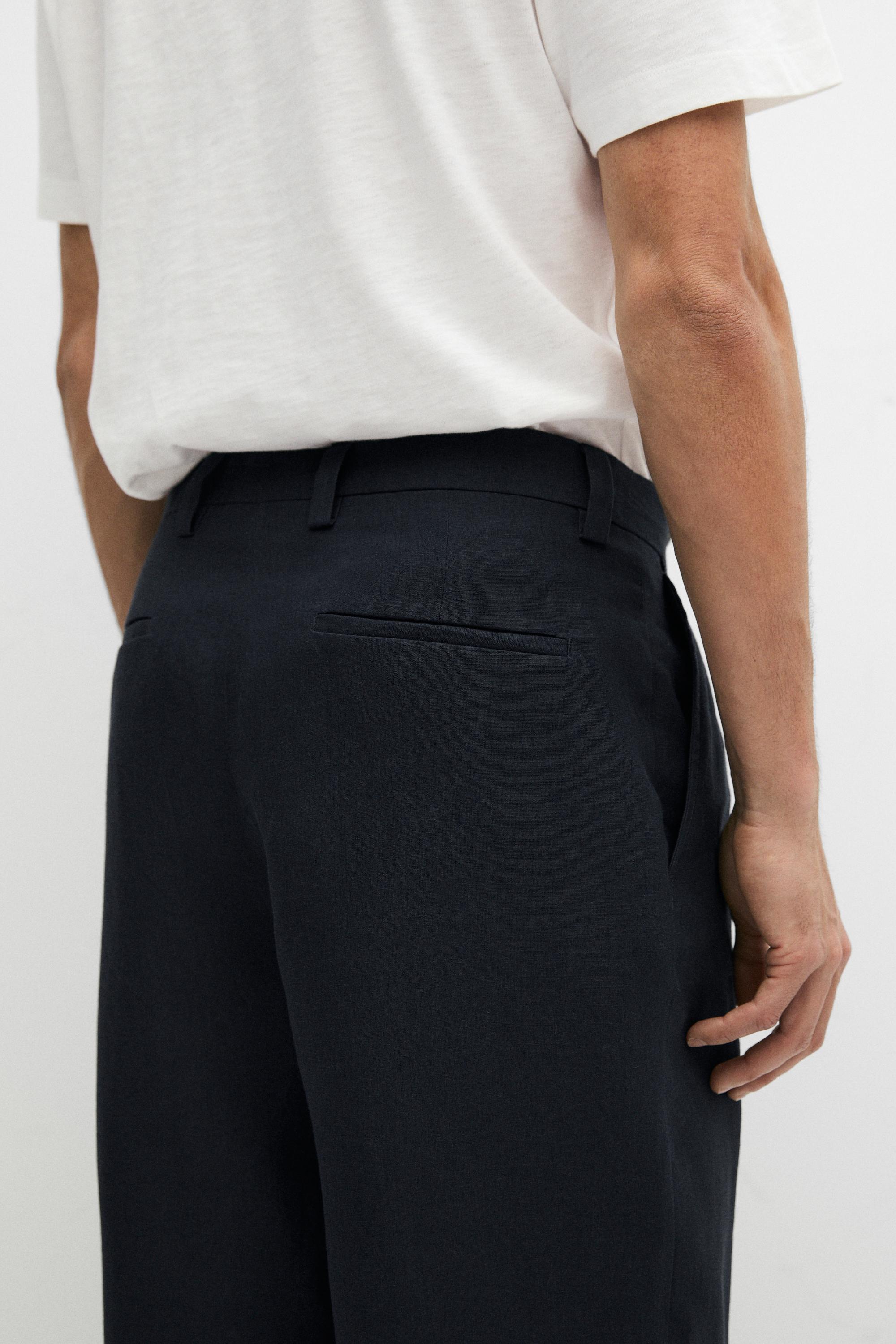 Darted 100% linen trousers — NAVY BLUE
