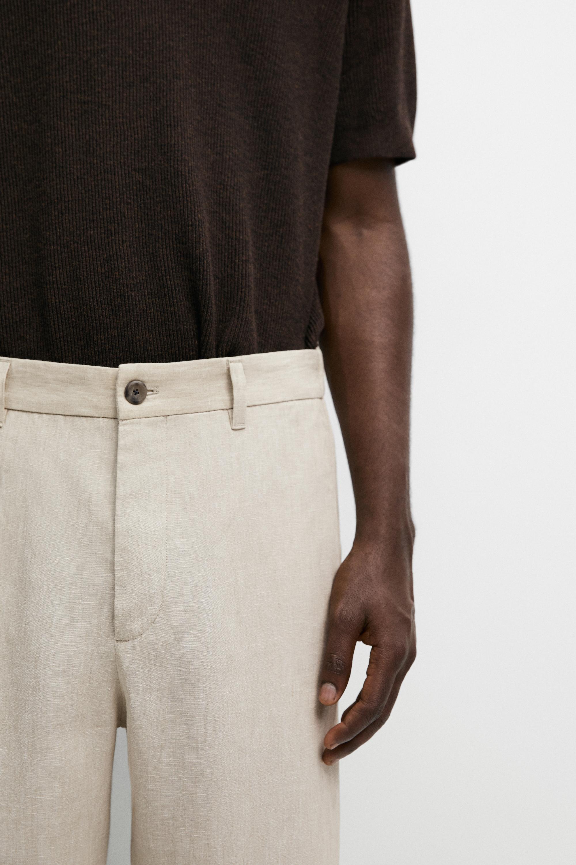 100% Linen Elastic-Waist Pants — BEIGE