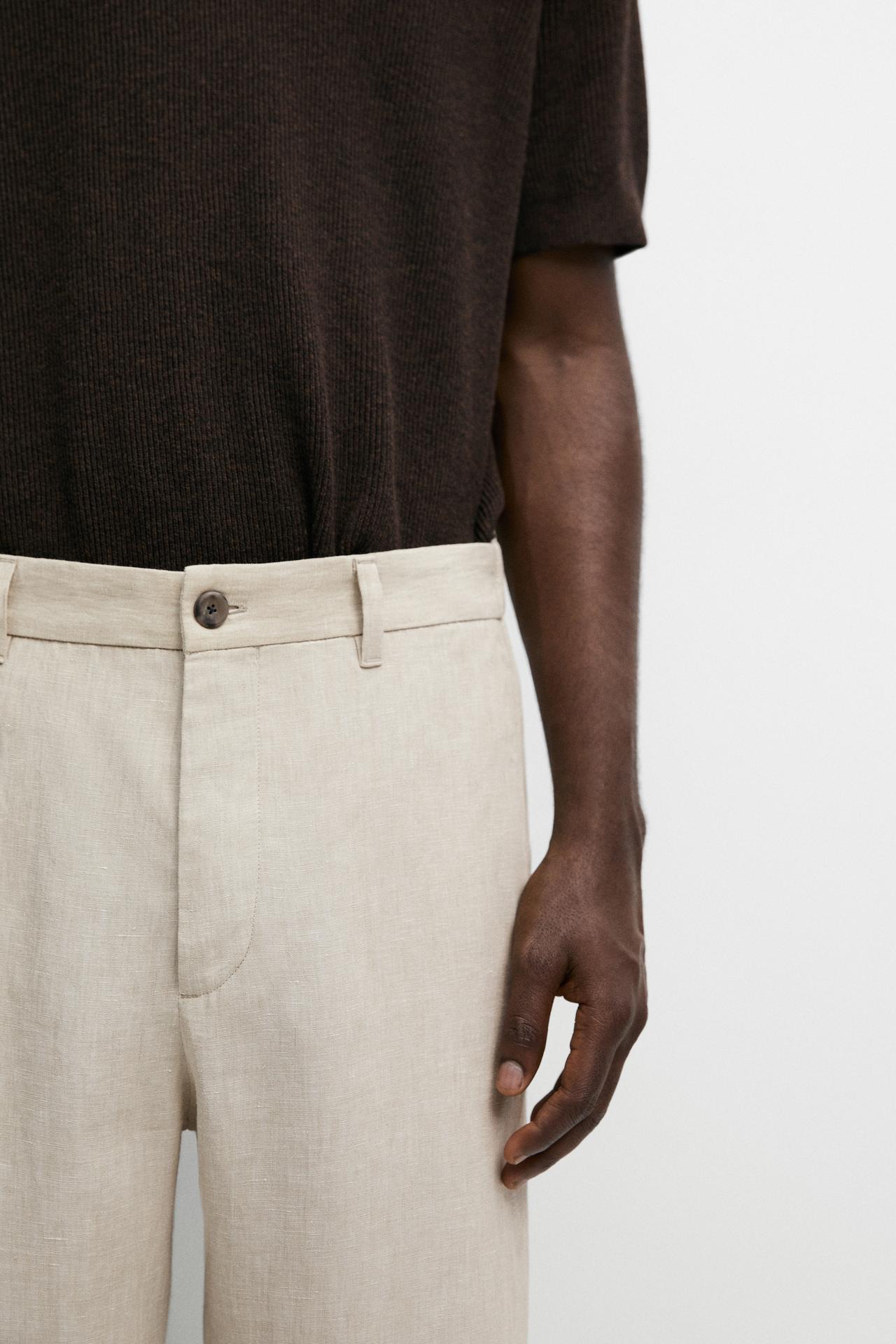 100% Linen Elastic-Waist Pants — BEIGE