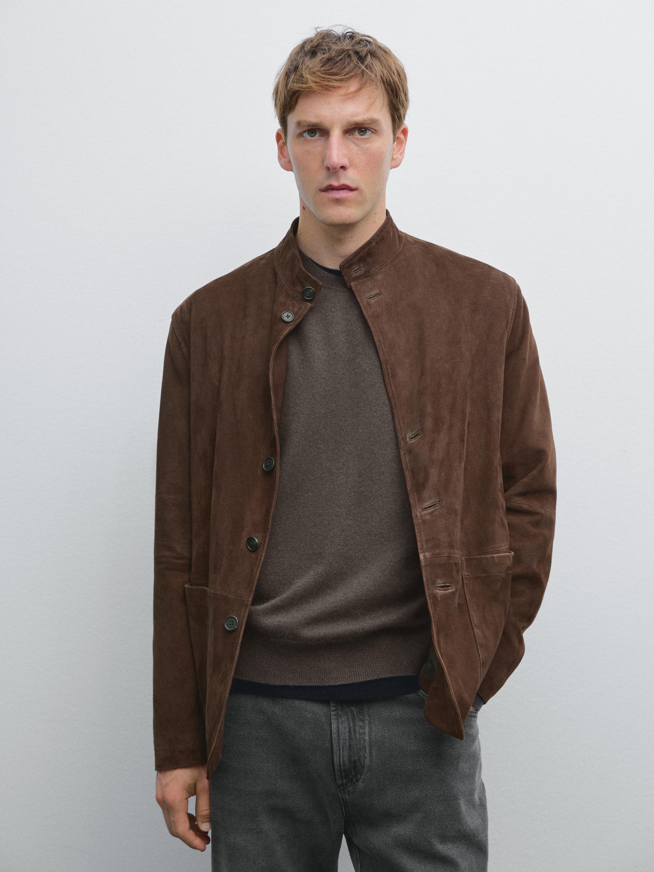 Suede leather stand collar jacket