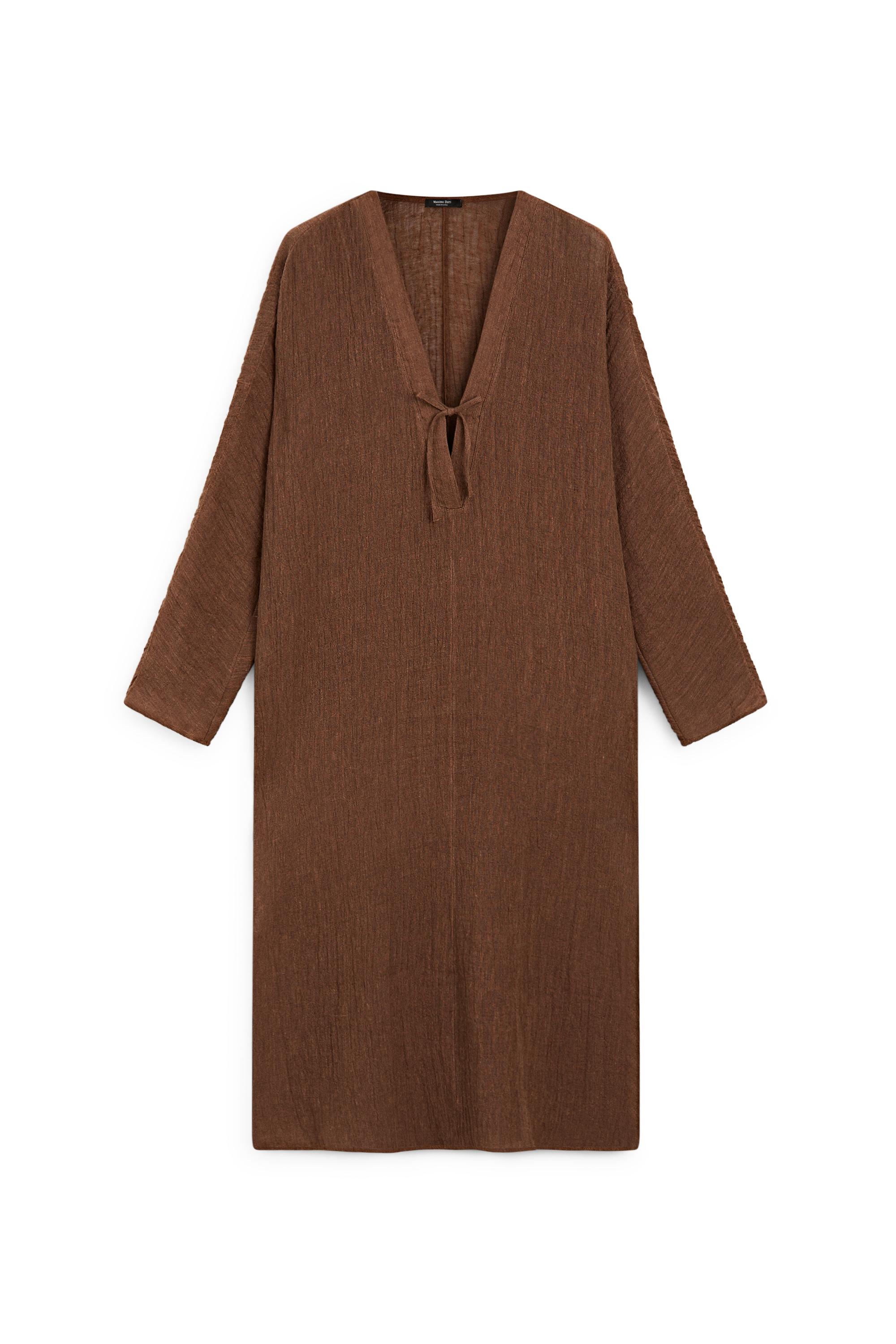 Linen blend kaftan dress with tied neckline — OCHRE