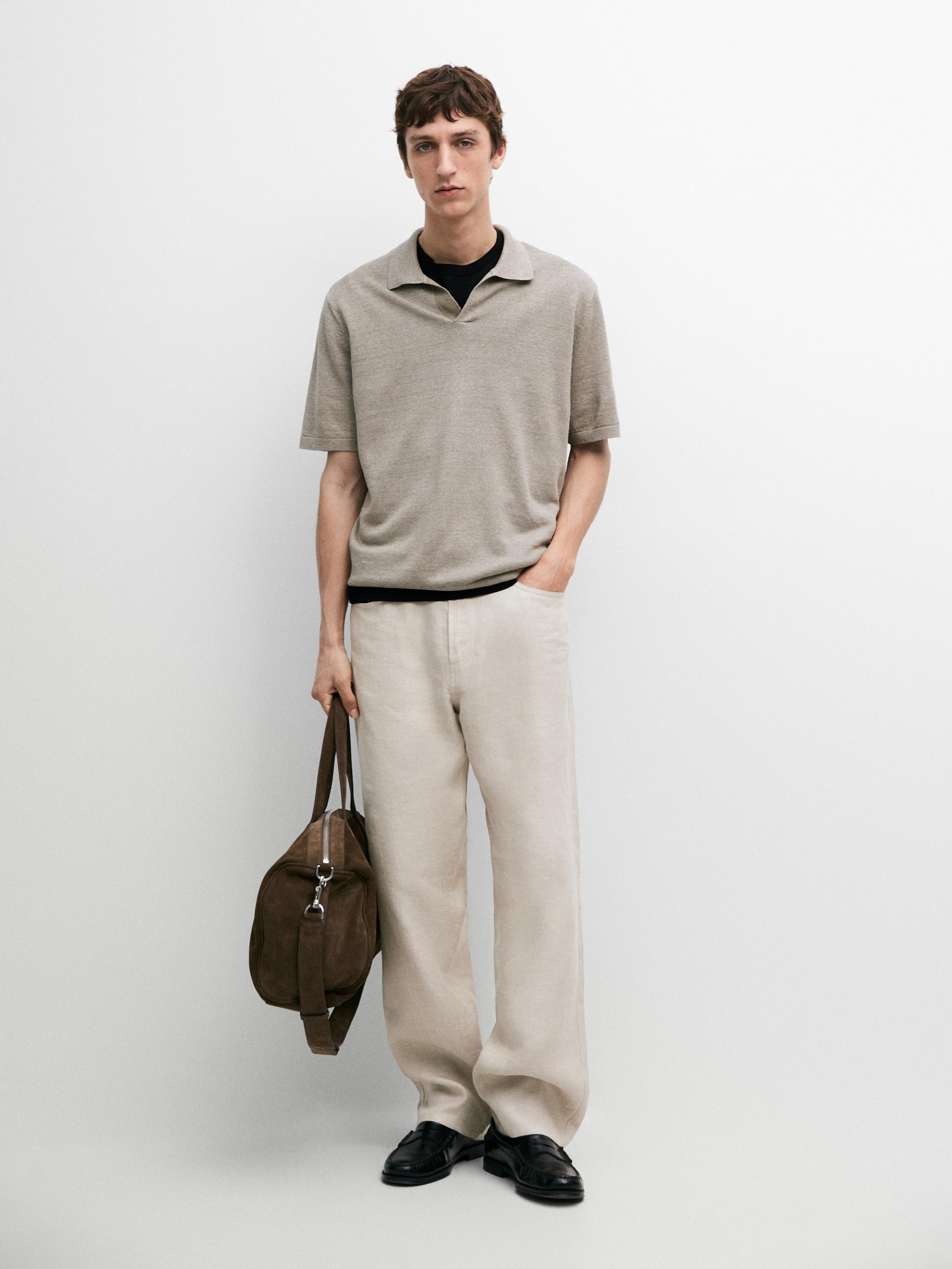 Linen V-neck polo sweater — NATURAL GREY