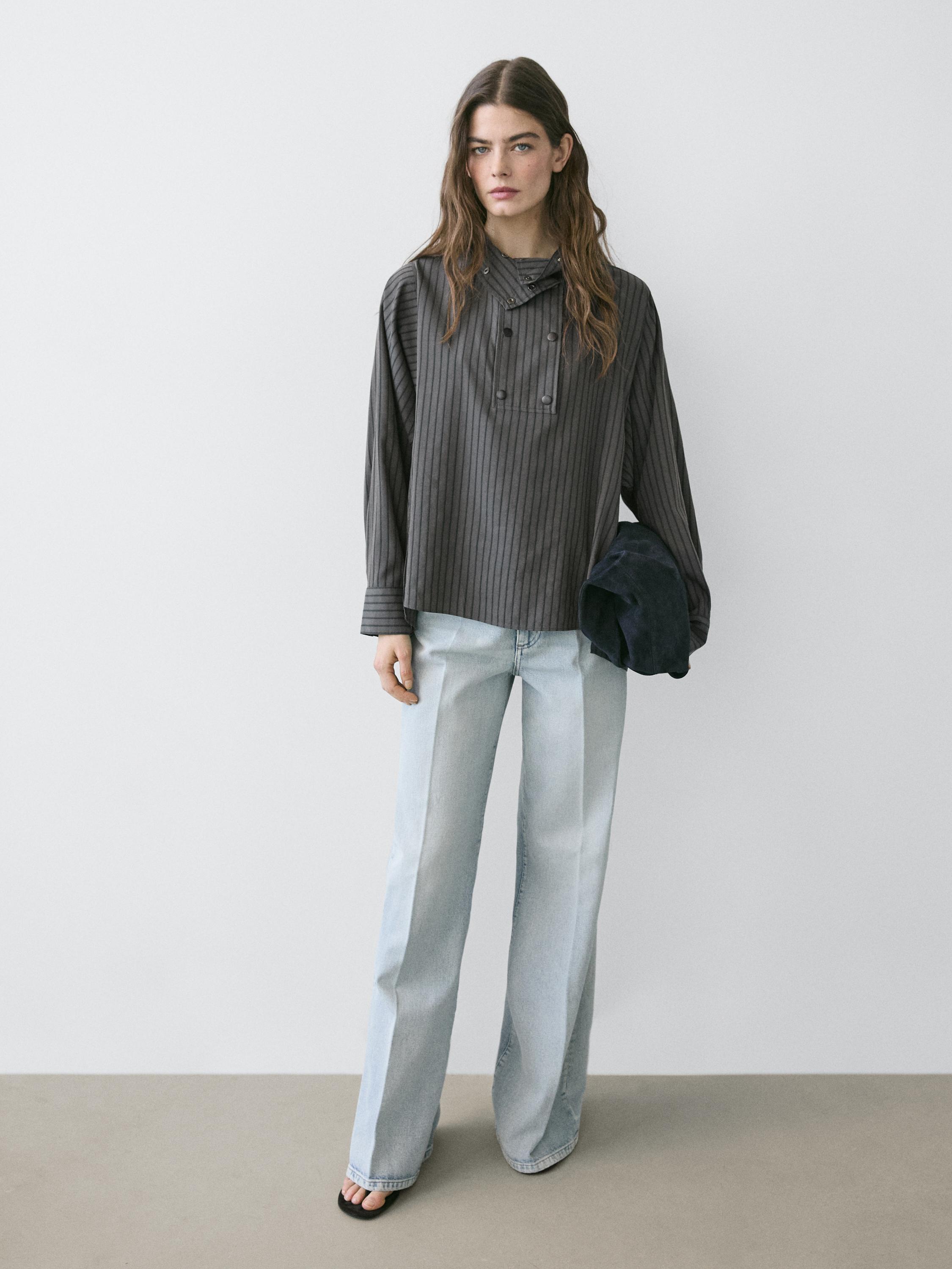 Striped flowing shirt with collar detail — GREY