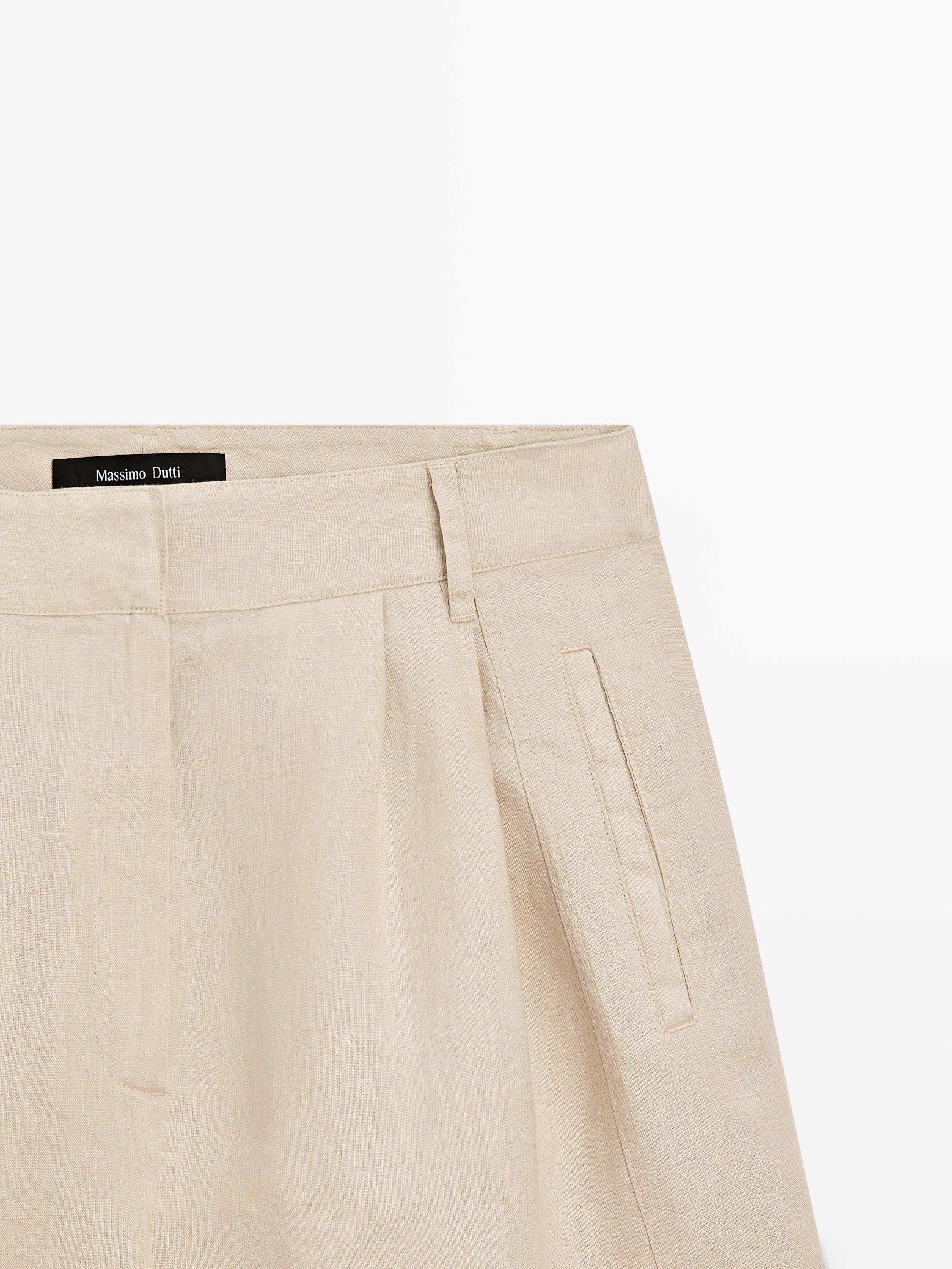 100% linen long Bermuda shorts with darts — SAND