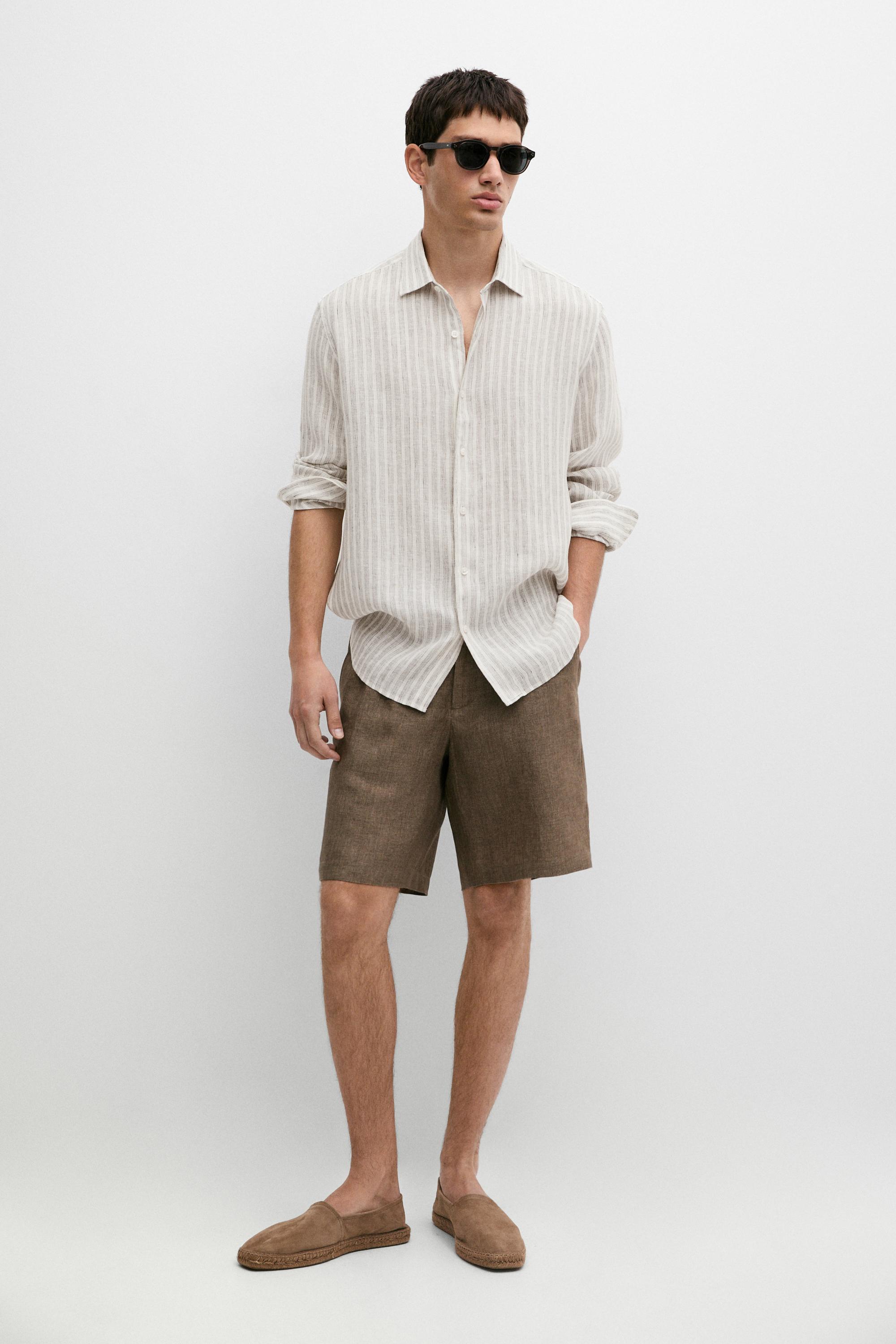 100% linen regular fit striped shirt — BROWN