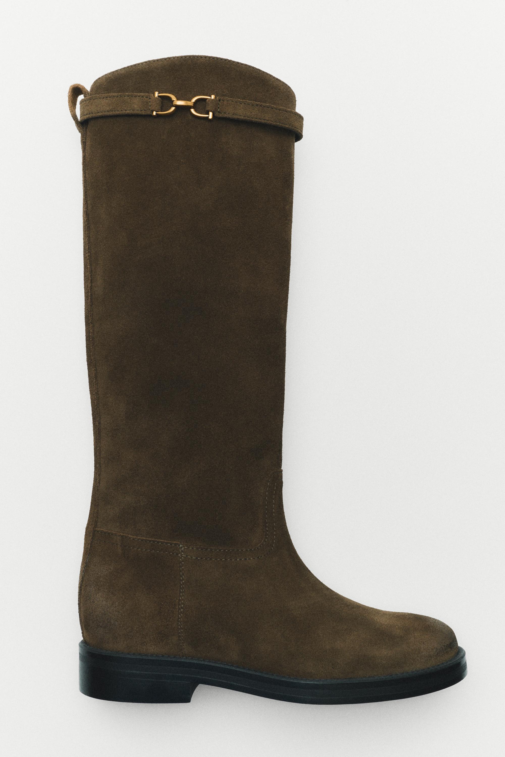 Oiled split suede riding boots — KHAKI