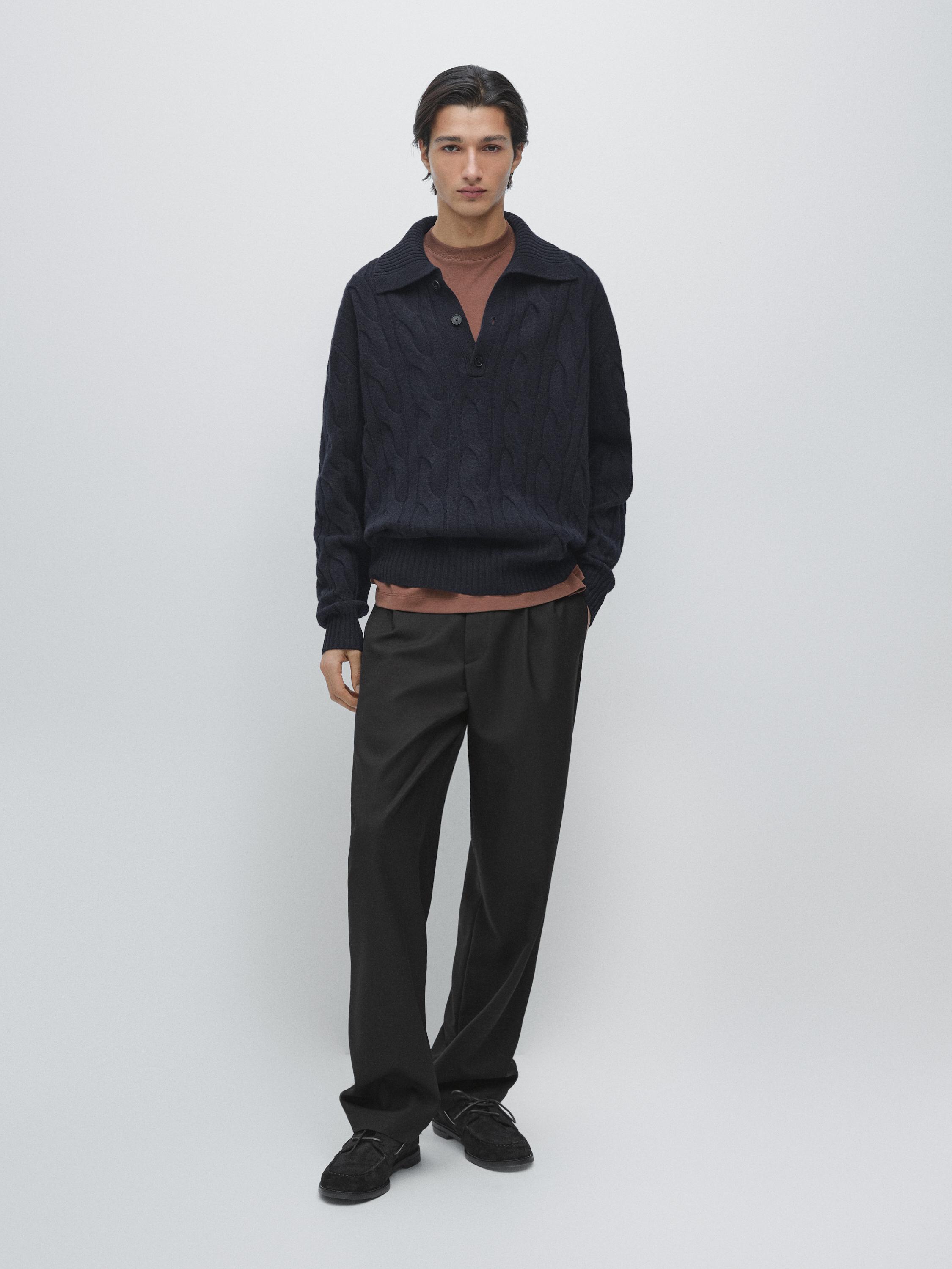 Wool cable-knit polo sweater — NAVY BLUE