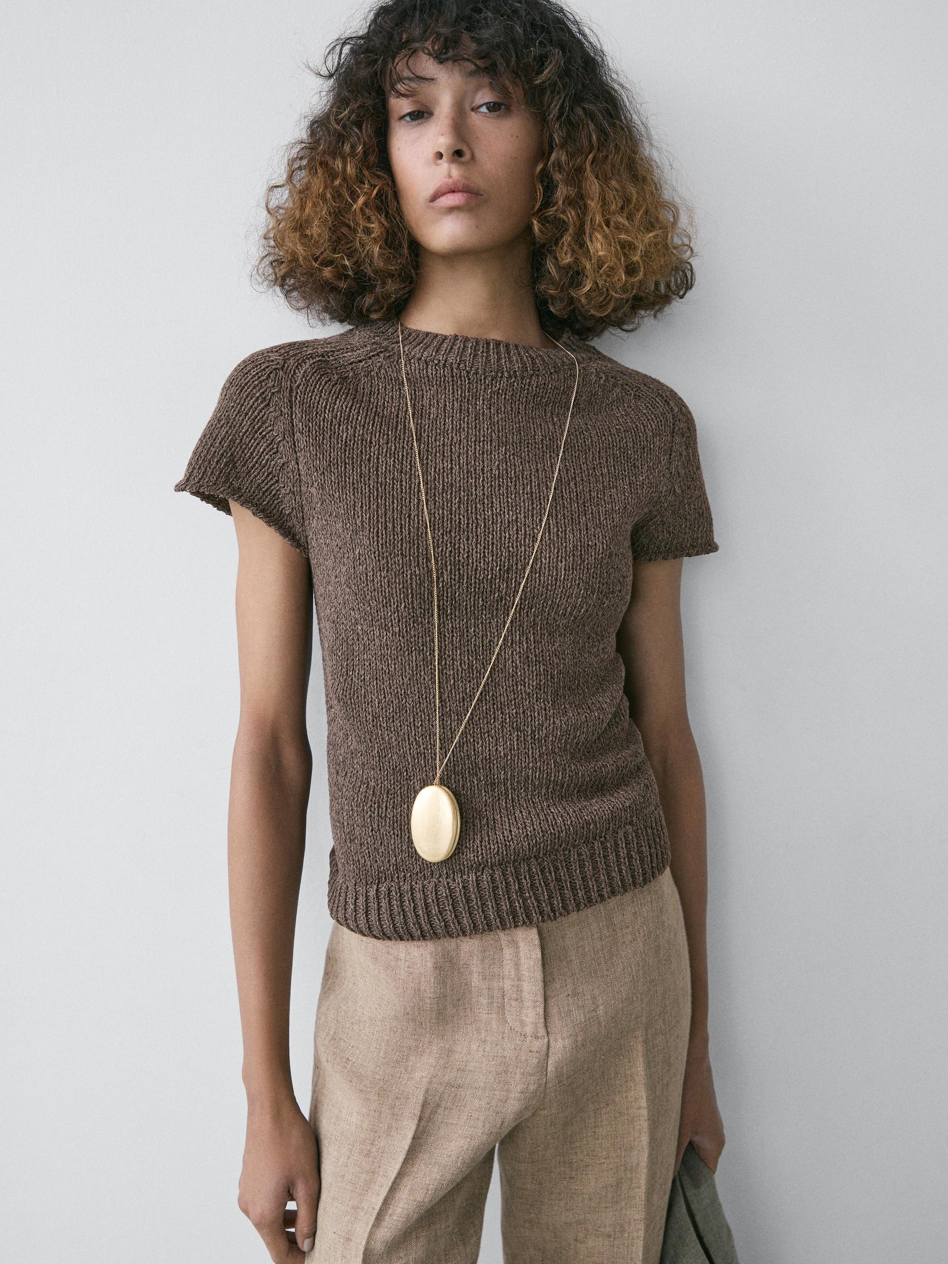 Pullover In Maglia A Maniche Corte - Marrone - Xs - Massimo Dutti - Femminile