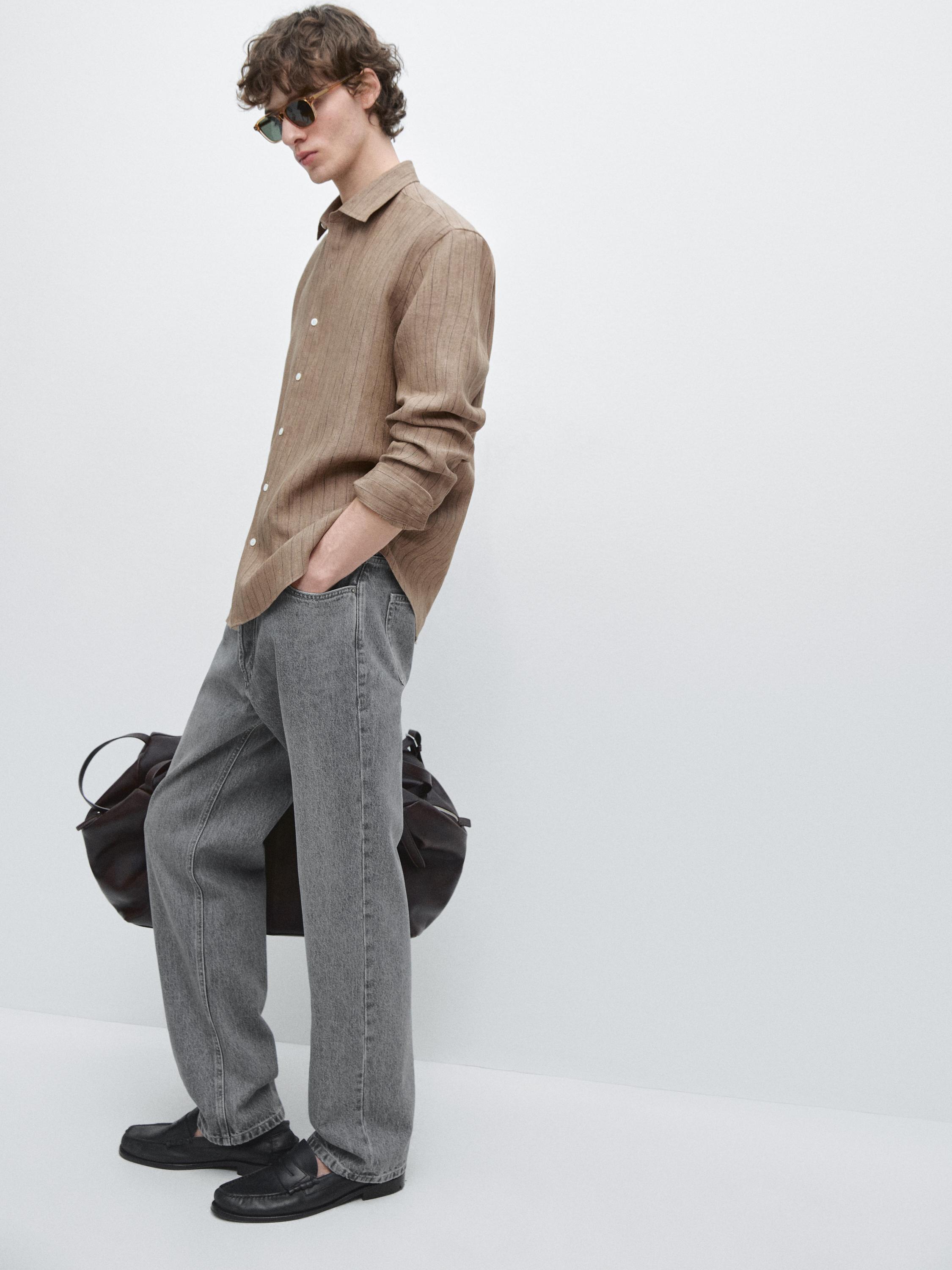 Regular fit 100% linen striped shirt — BEIGE