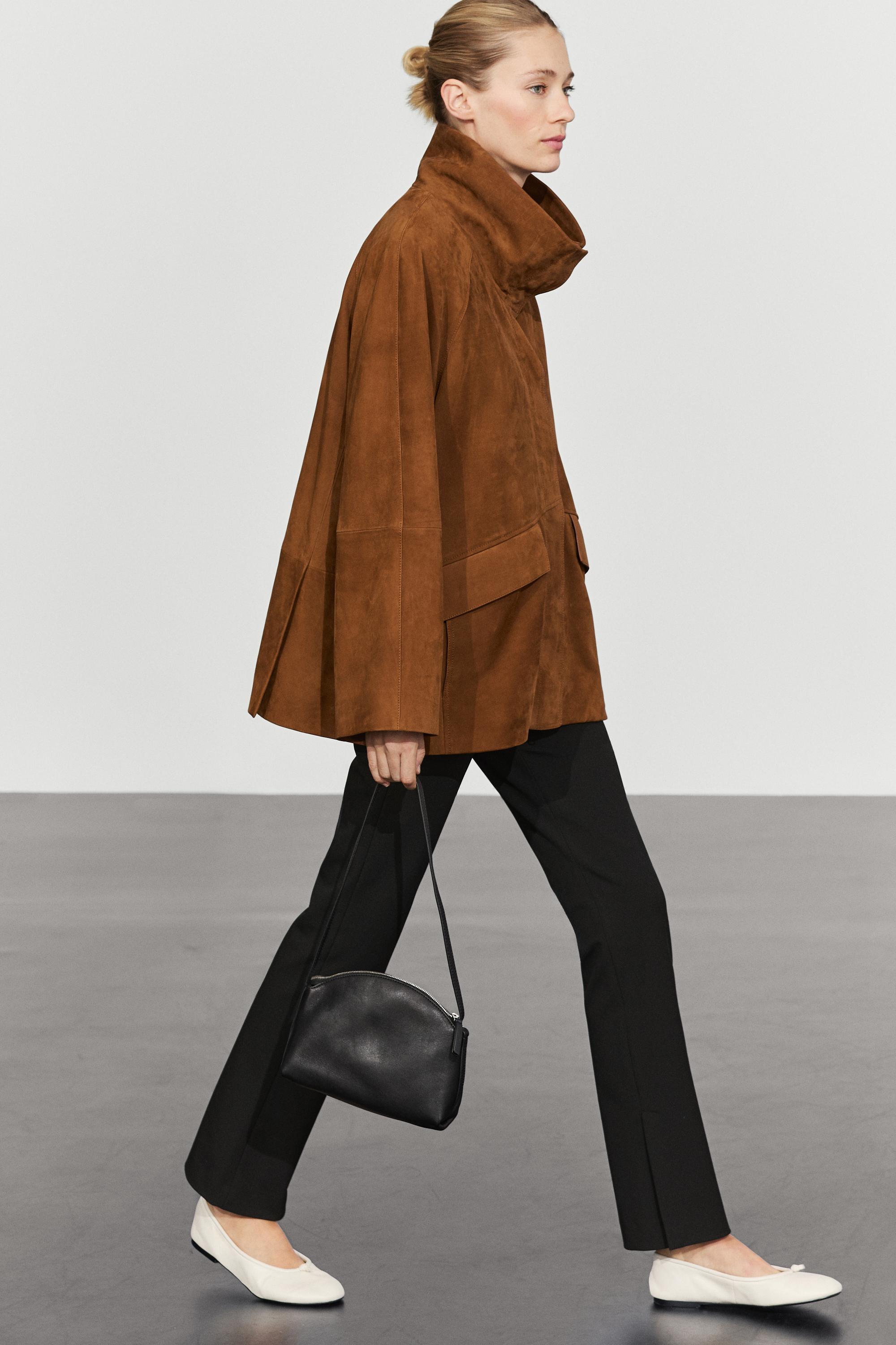 Nubuck leather high collar coat — COPPER