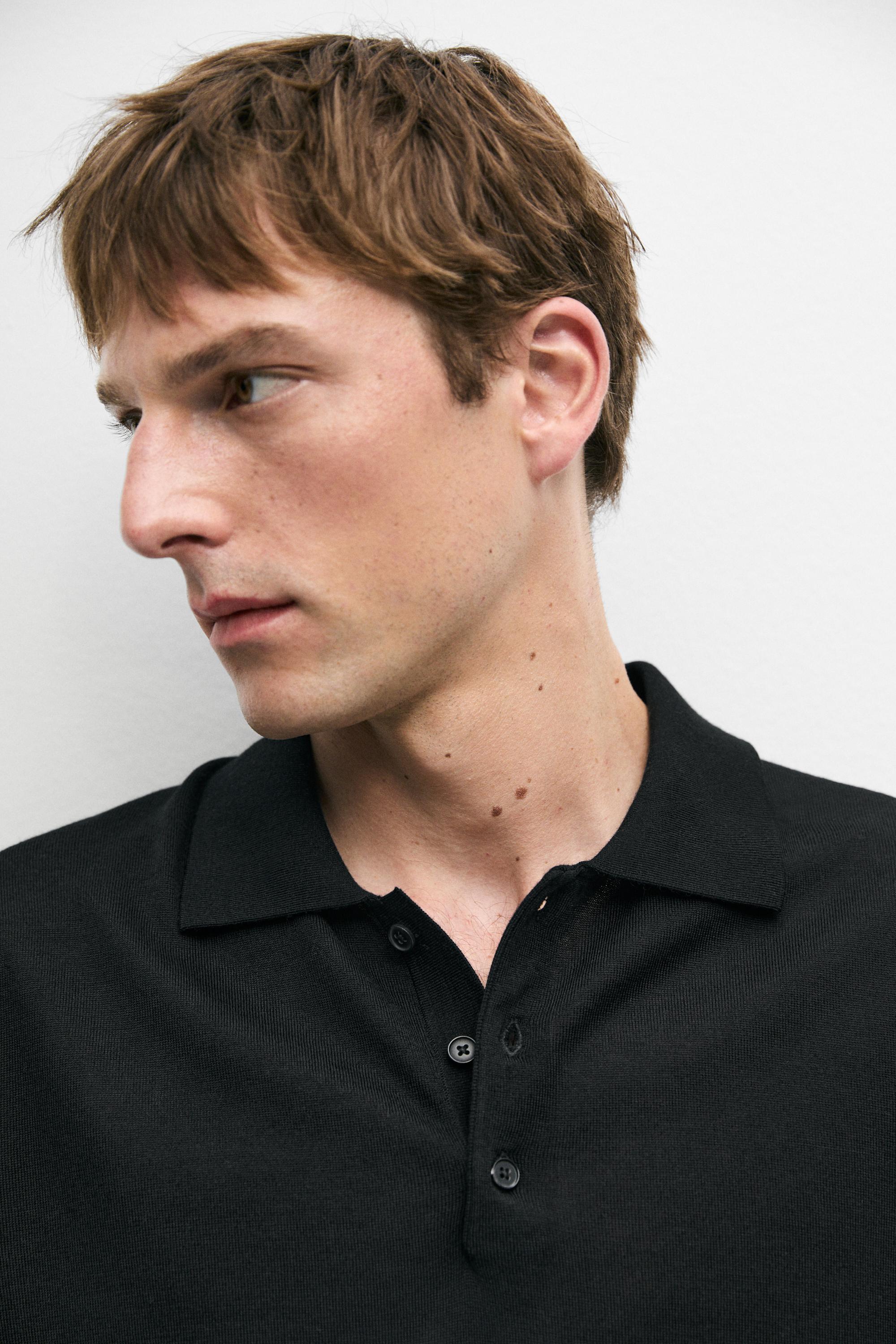 Wool blend knit polo shirt — BLACK