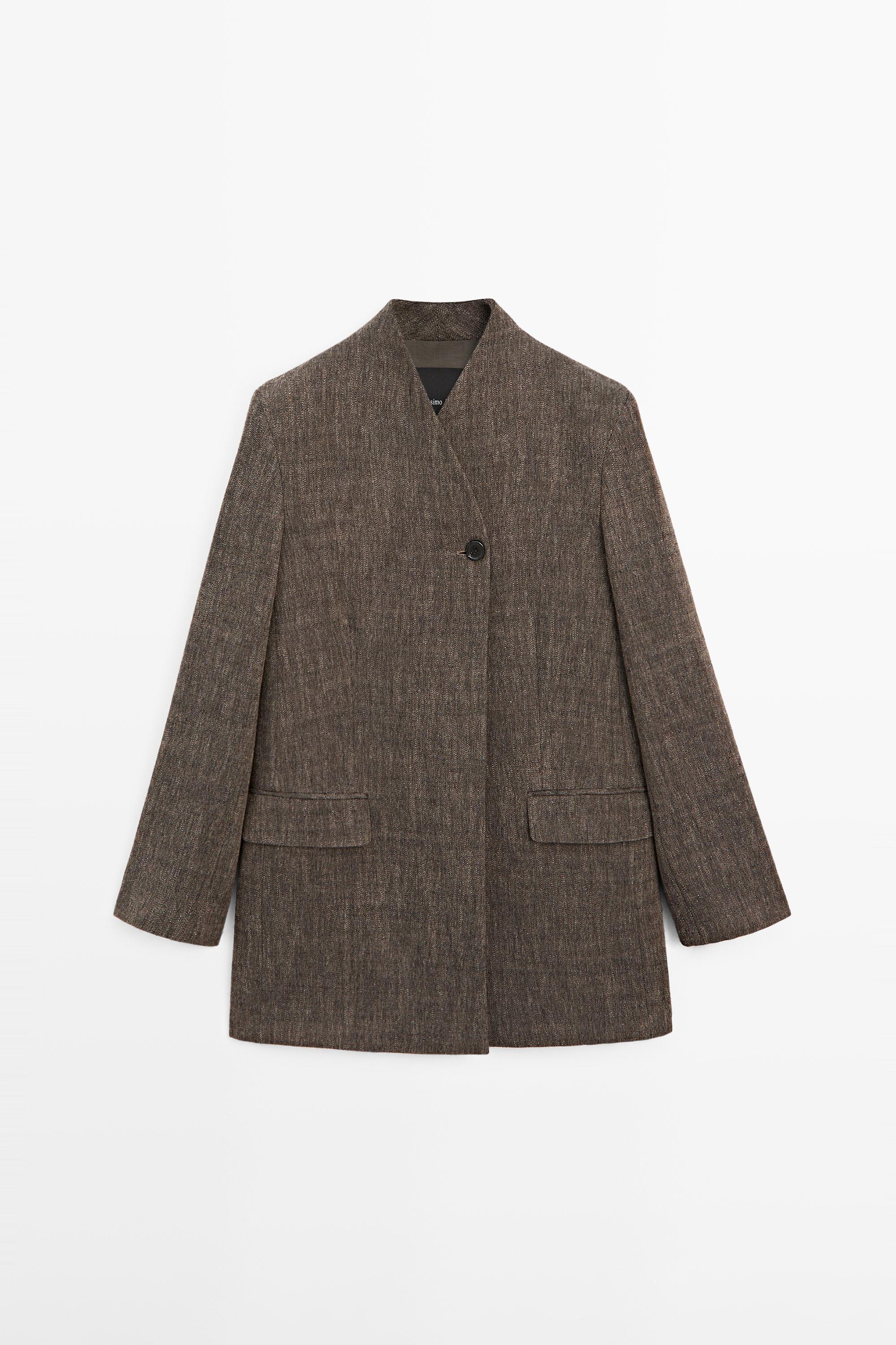 Flecked wool blend coat with high collar — BROWN