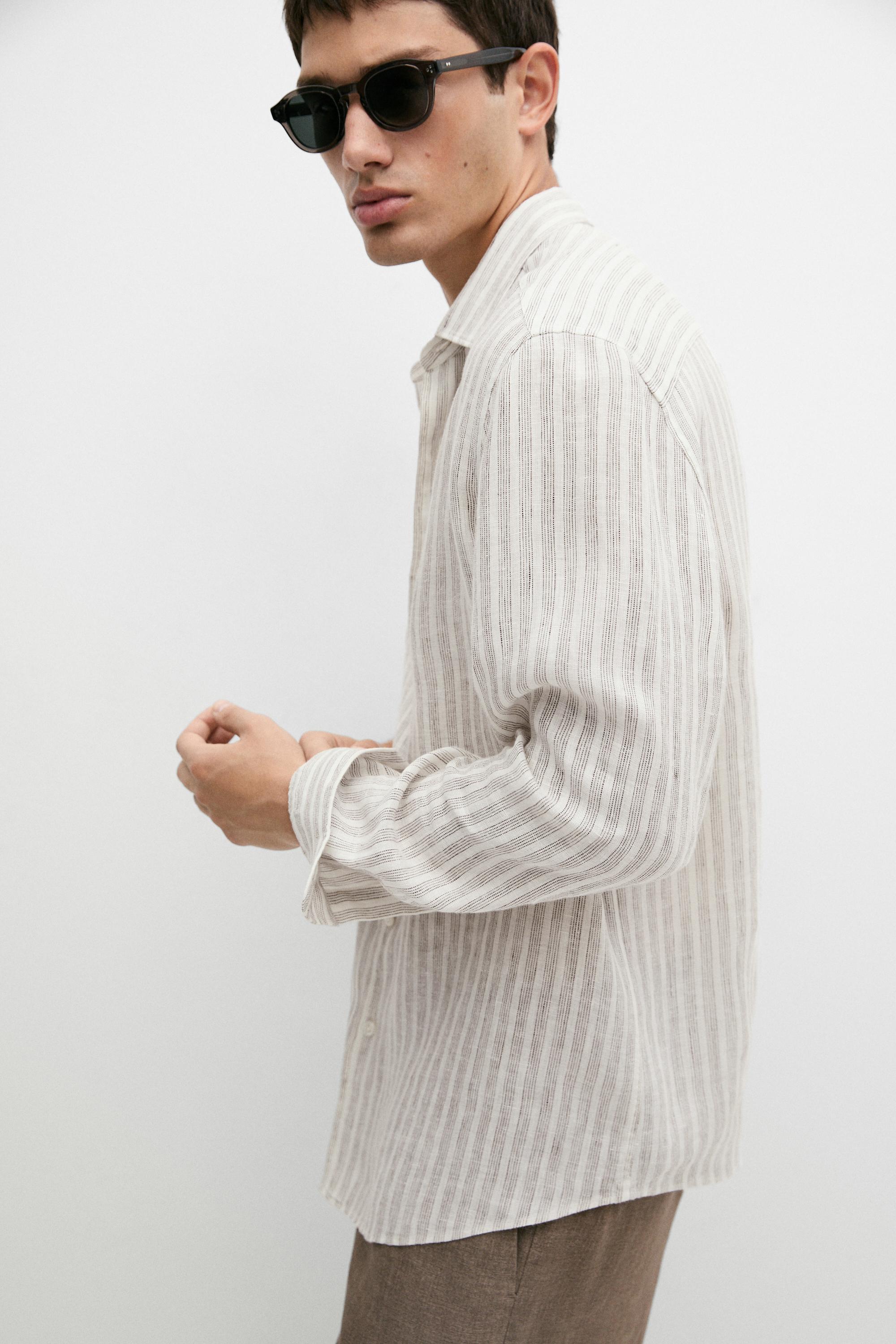 100% linen regular fit striped shirt — BROWN