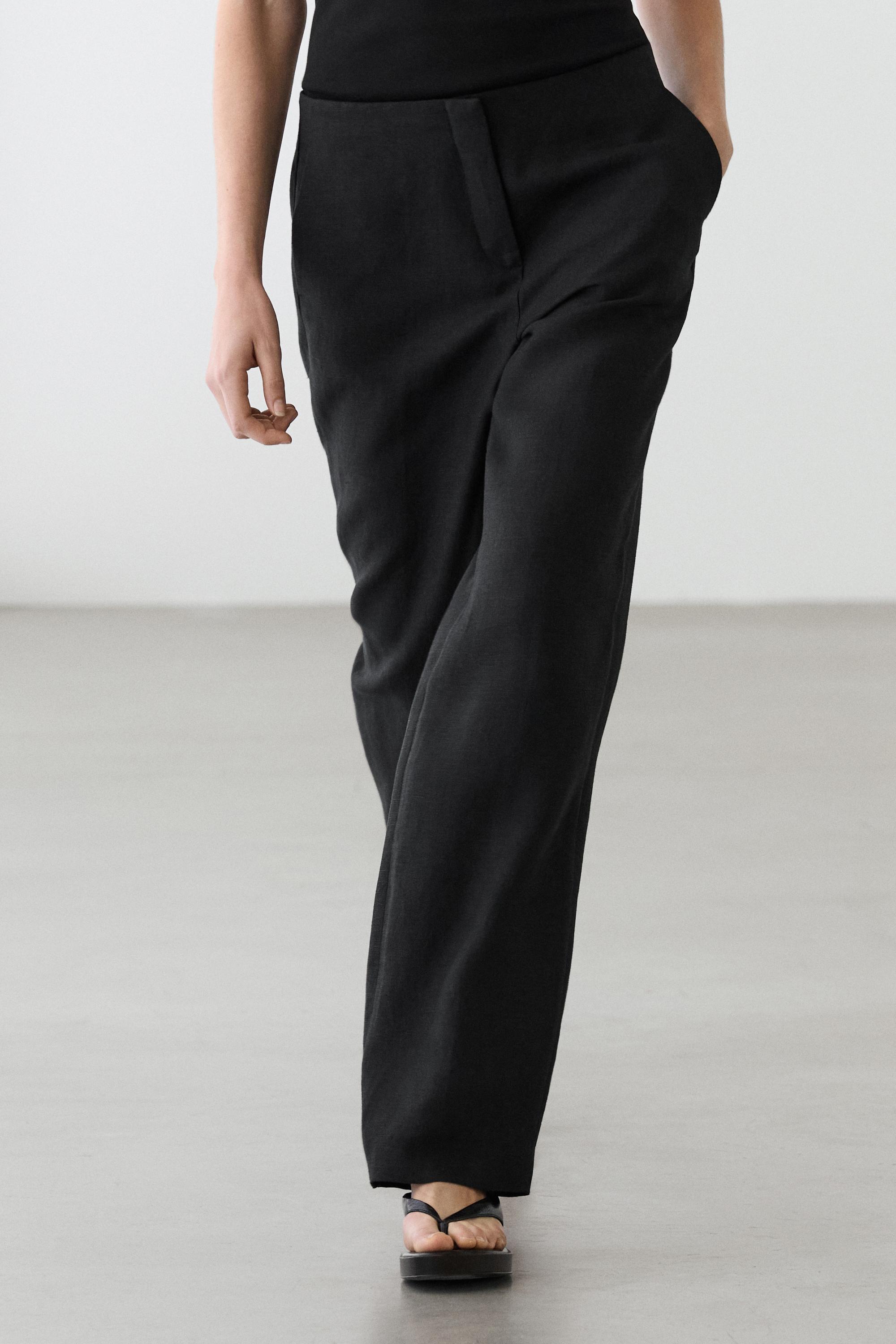 Flowing straight-leg linen trousers — BLACK