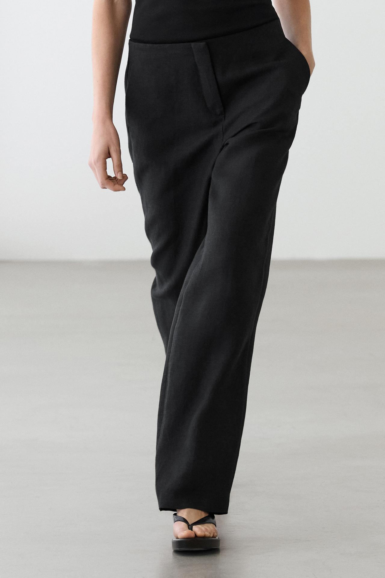 Flowing straight-leg linen trousers — BLACK