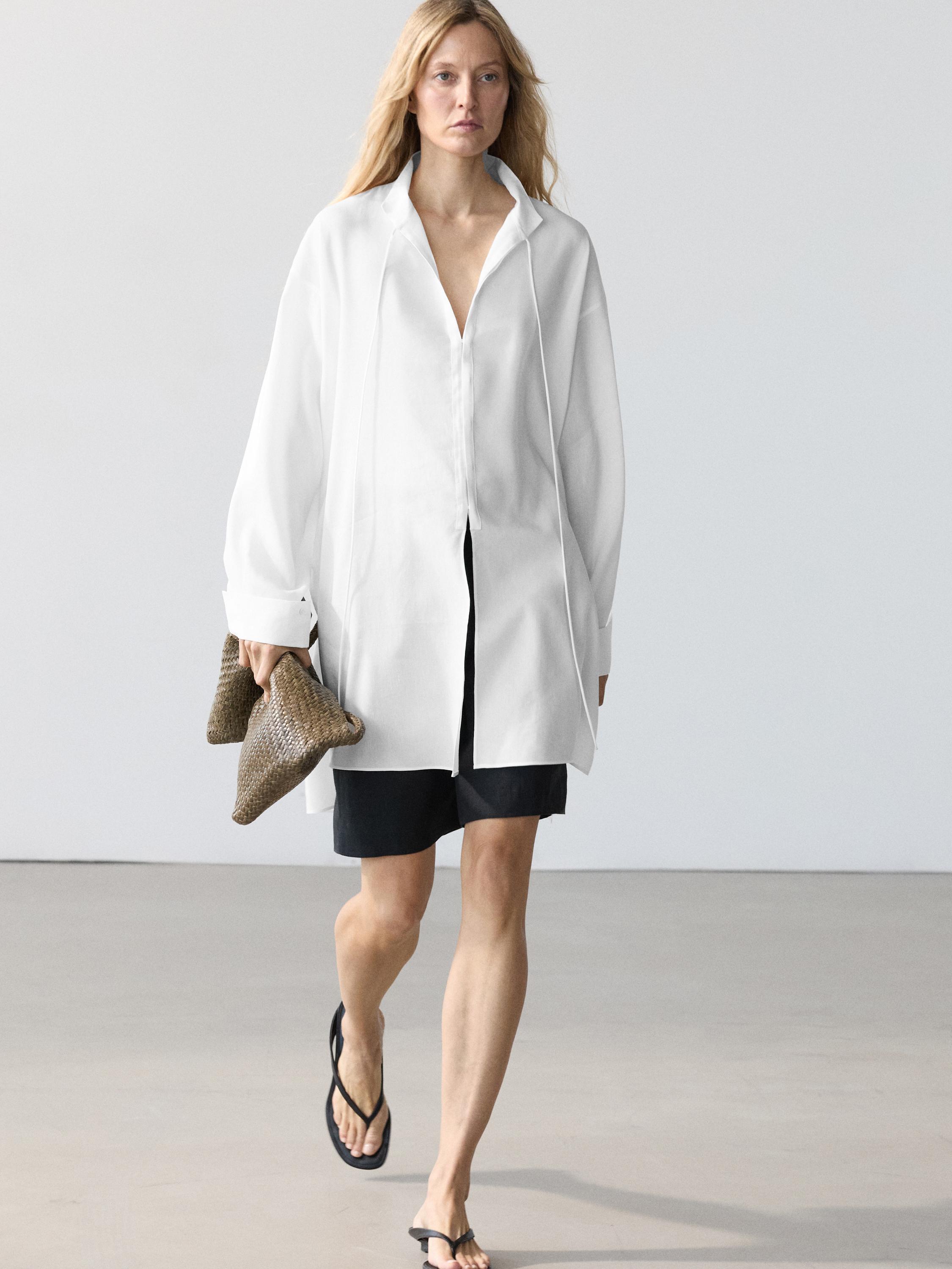 Camisa fluida cuello mao con lino
