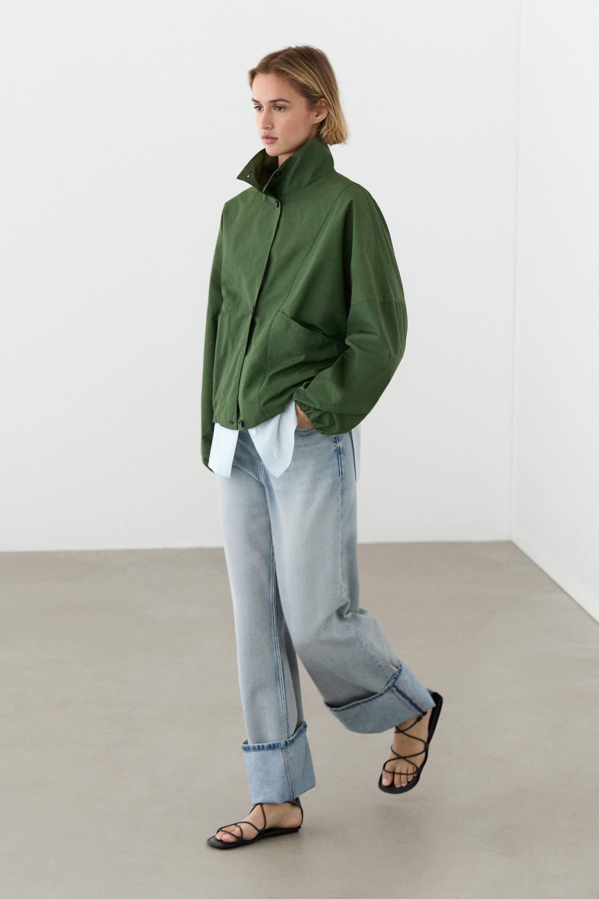 Massimo Dutti ダブルブレストジャケット Double-breasted cotton blend blazer with tie detail · Dark Green