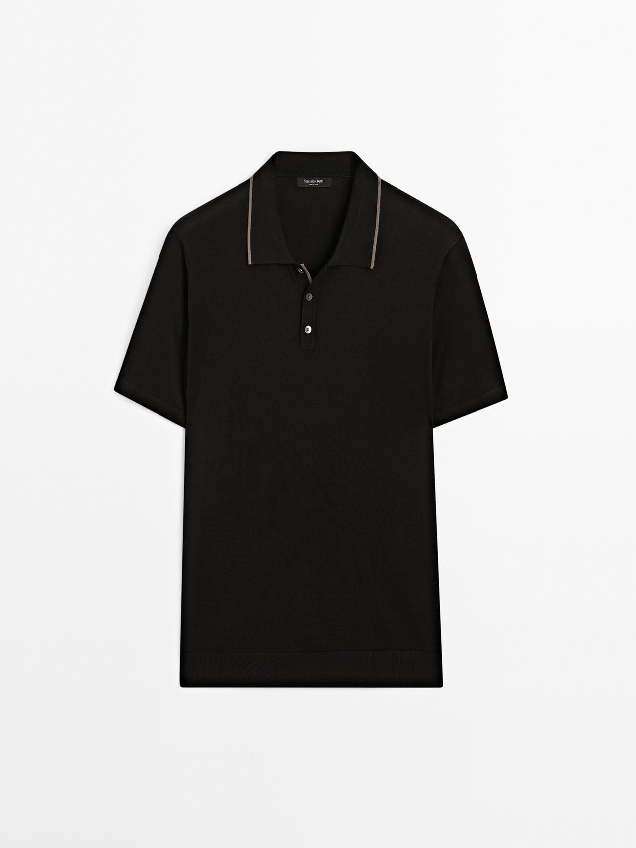 Massimo Dutti - Herre - Poloshirt I Strik Med Farvet Krave - Sort - M
