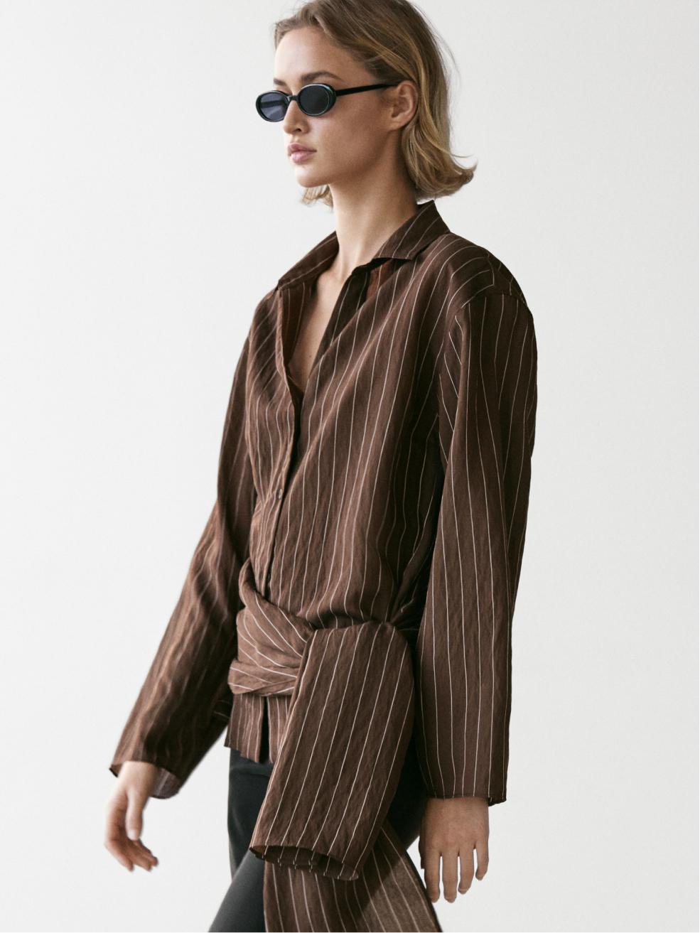 Striped shirt with scarf detail — BROWN