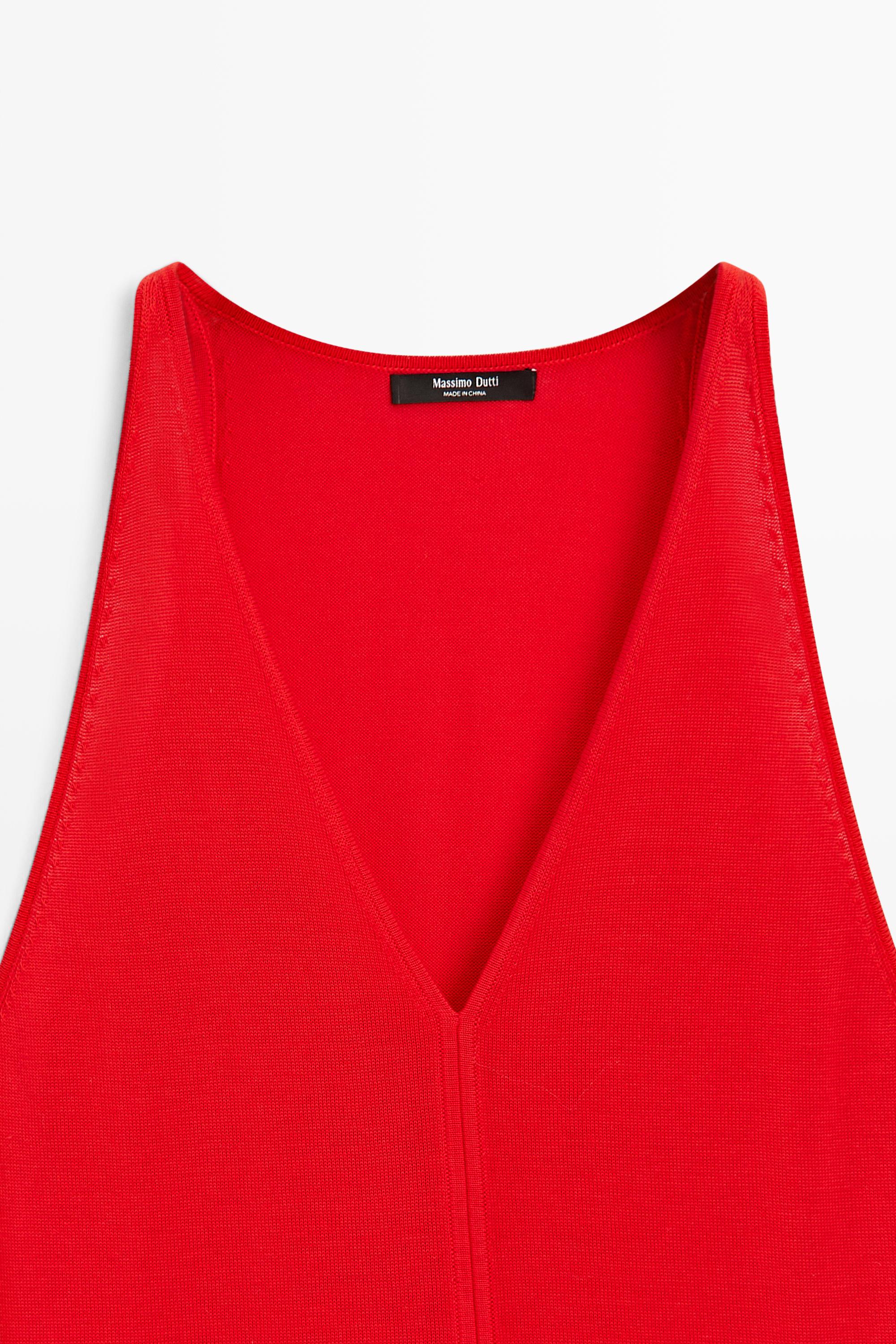 V-neck knit midi dress — RED