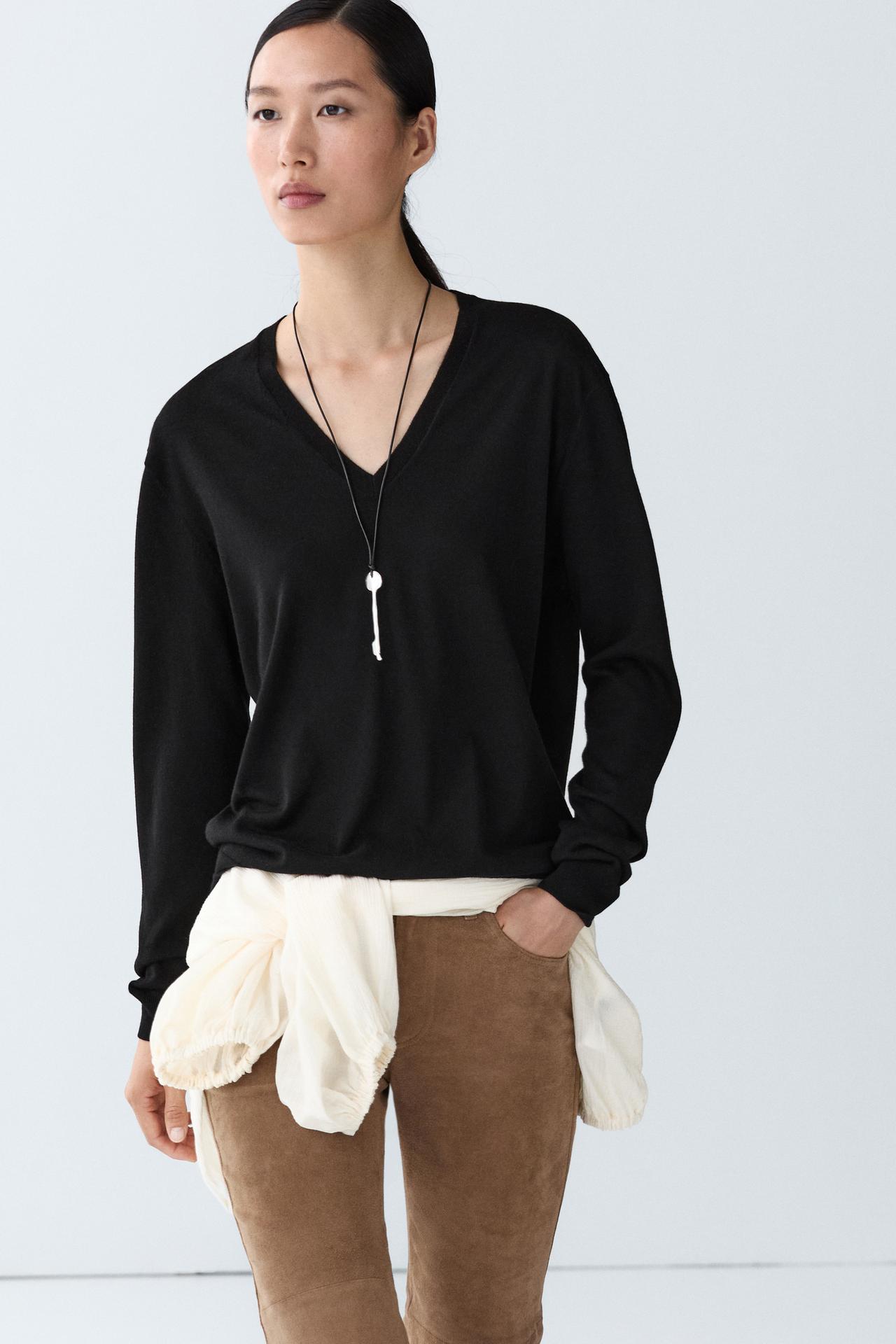 V-neck knit sweater — BLACK